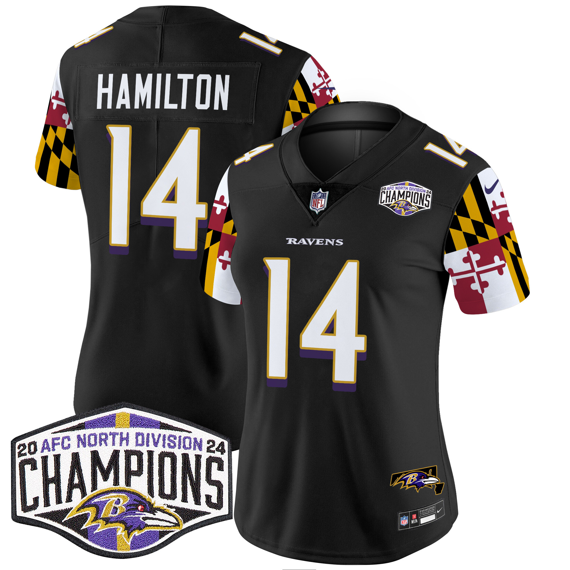 Kyle Hamilton Women's Baltimore Ravens Maryland Flag 2024 AFC North Division Champions Patch Vapor Limited Black Jersey - All Stitched