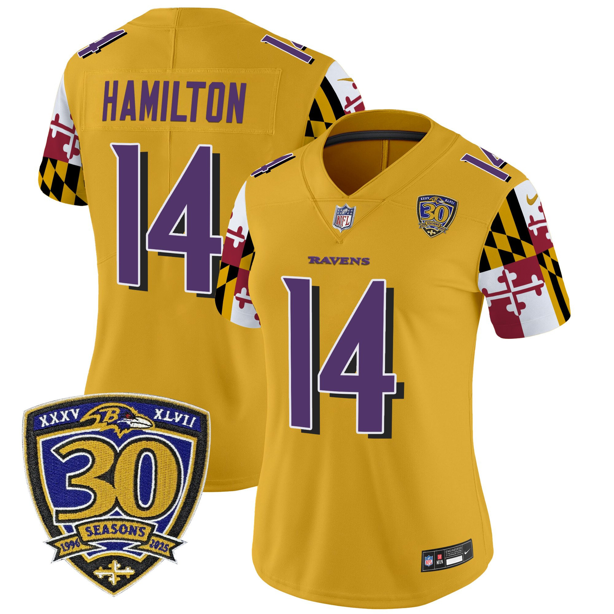 Kyle Hamilton Women's Baltimore Ravens Maryland Flag Edition Vapor Limited Gold Jersey - 30th Anniversary Patch - All Stitched