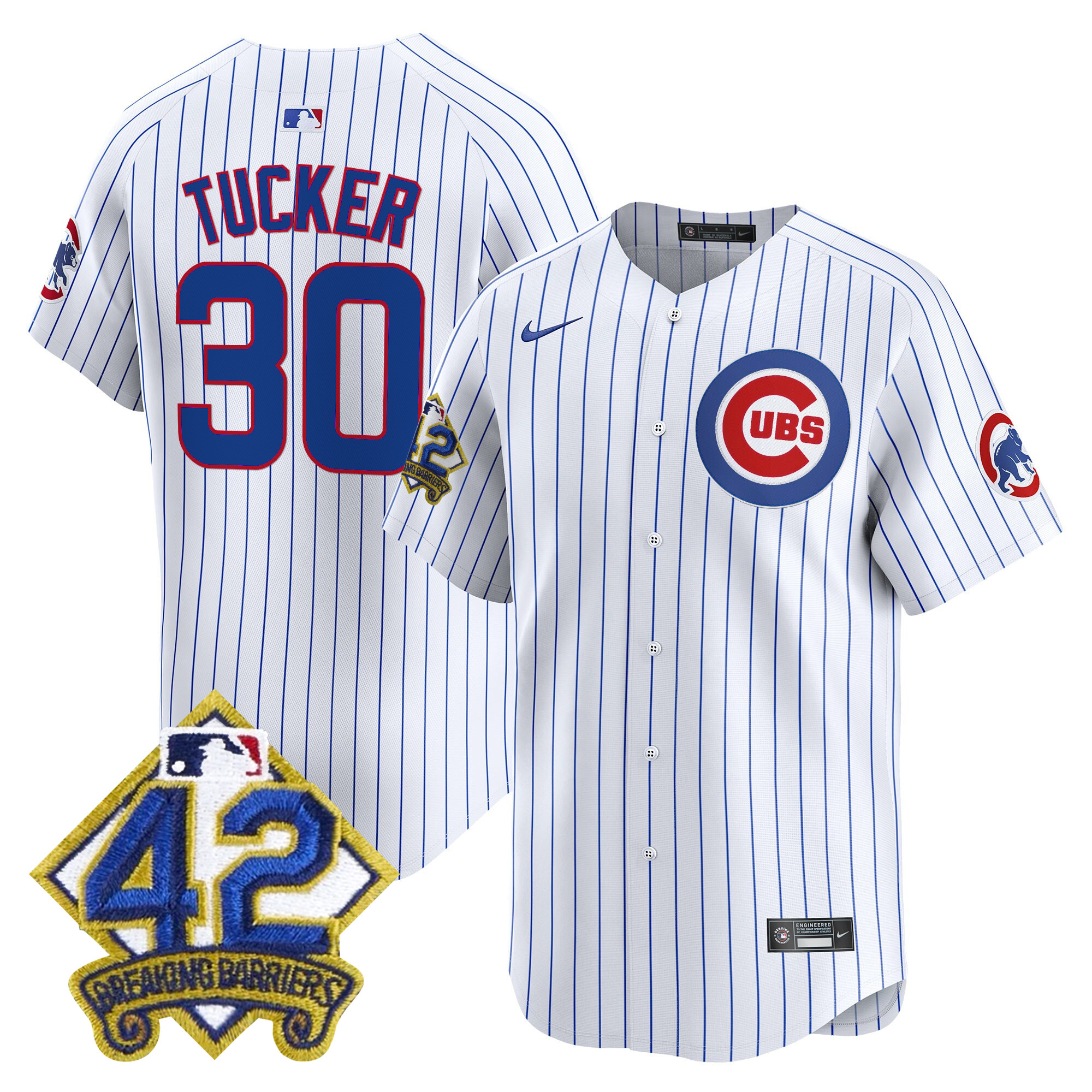 Kyle Tucker Men's Chicago Cubs 2025 Jackie Robinson Patch Vapor Premier Limited Pinstripe Jersey - All Stitched
