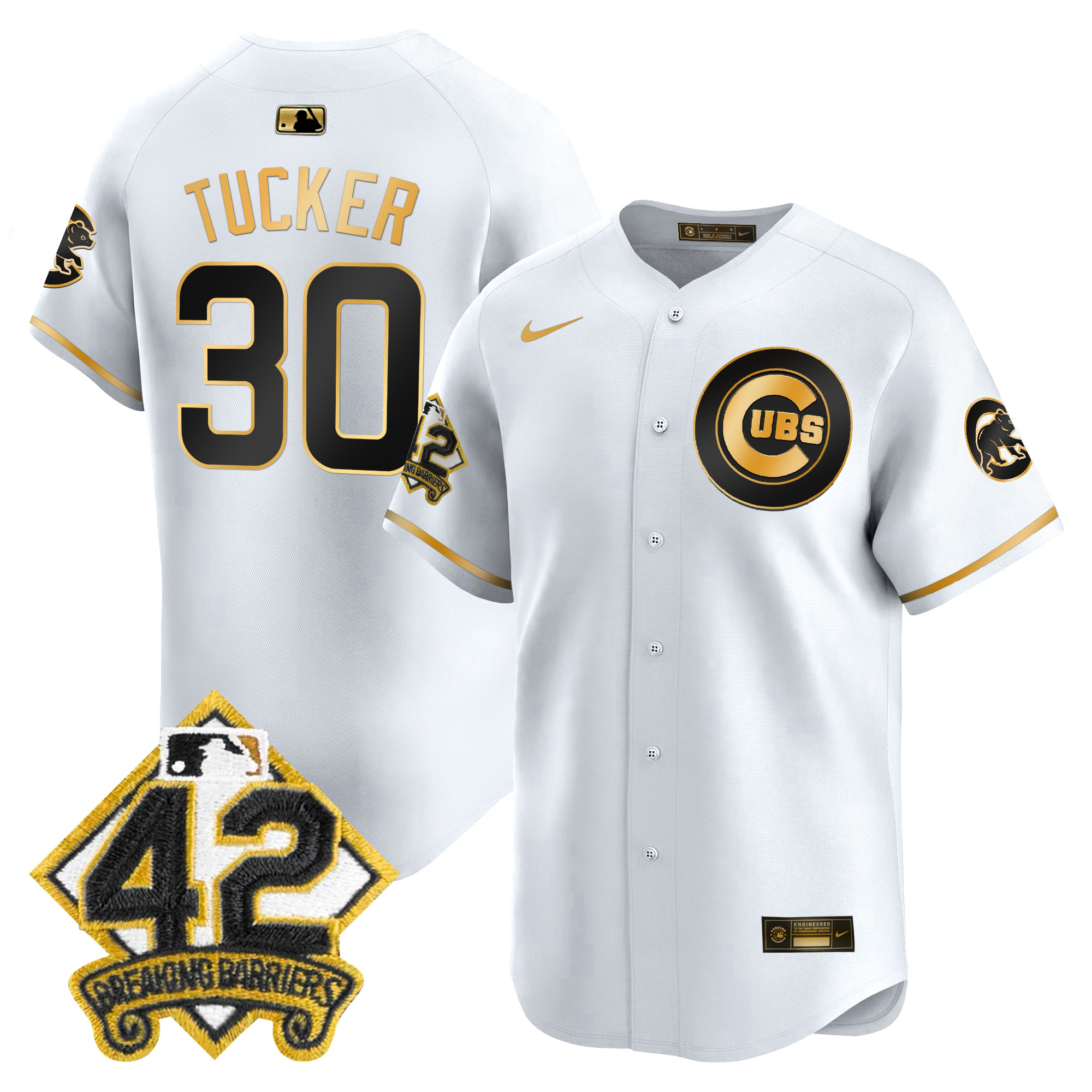 Kyle Tucker Men's Chicago Cubs 2025 Jackie Robinson Patch Vapor Premier Limited White Gold Jersey - All Stitched