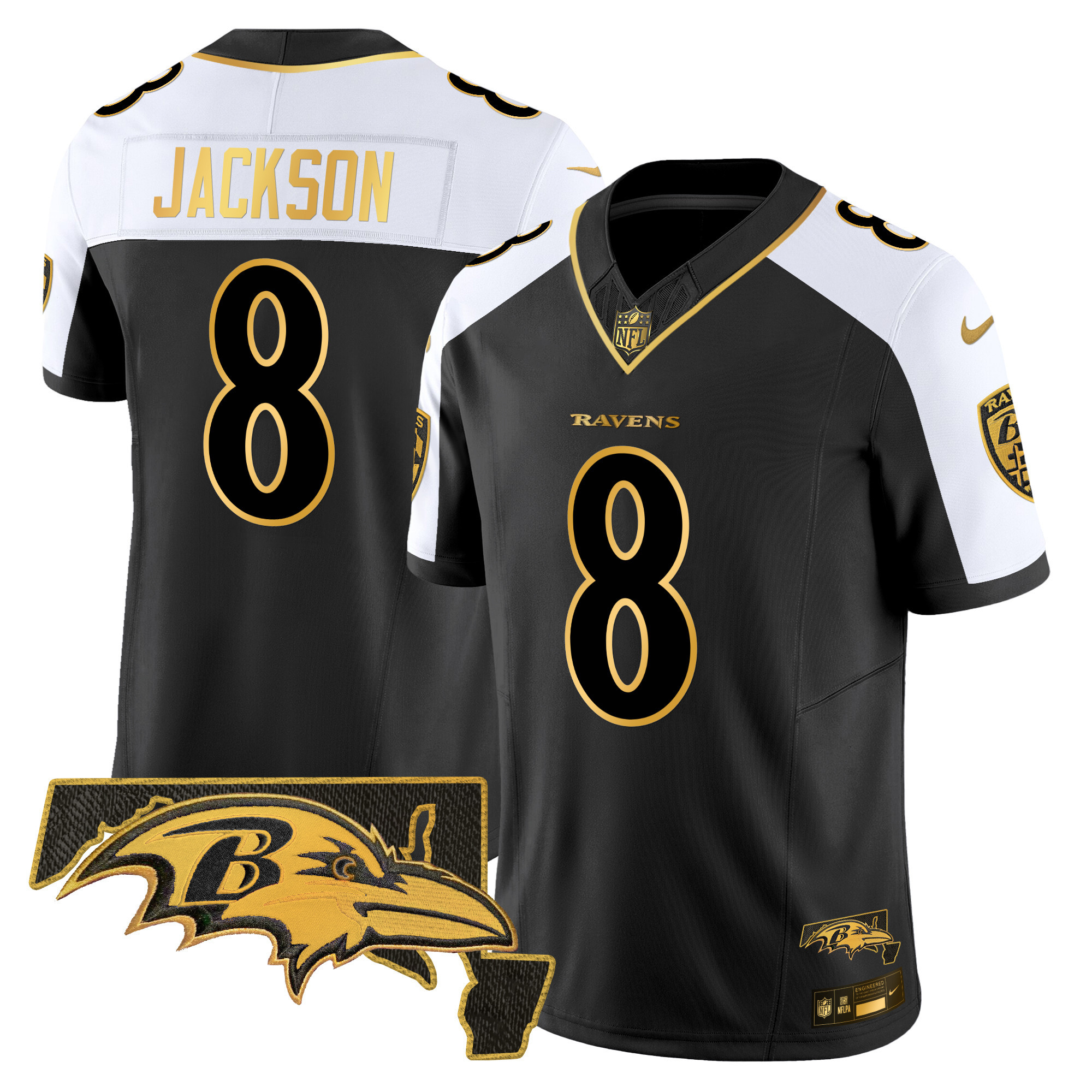 Lamar Jackson Men's Baltimore Ravens Maryland Patch Gold Vapor Limited Alternate Jersey V2 - All Stitched