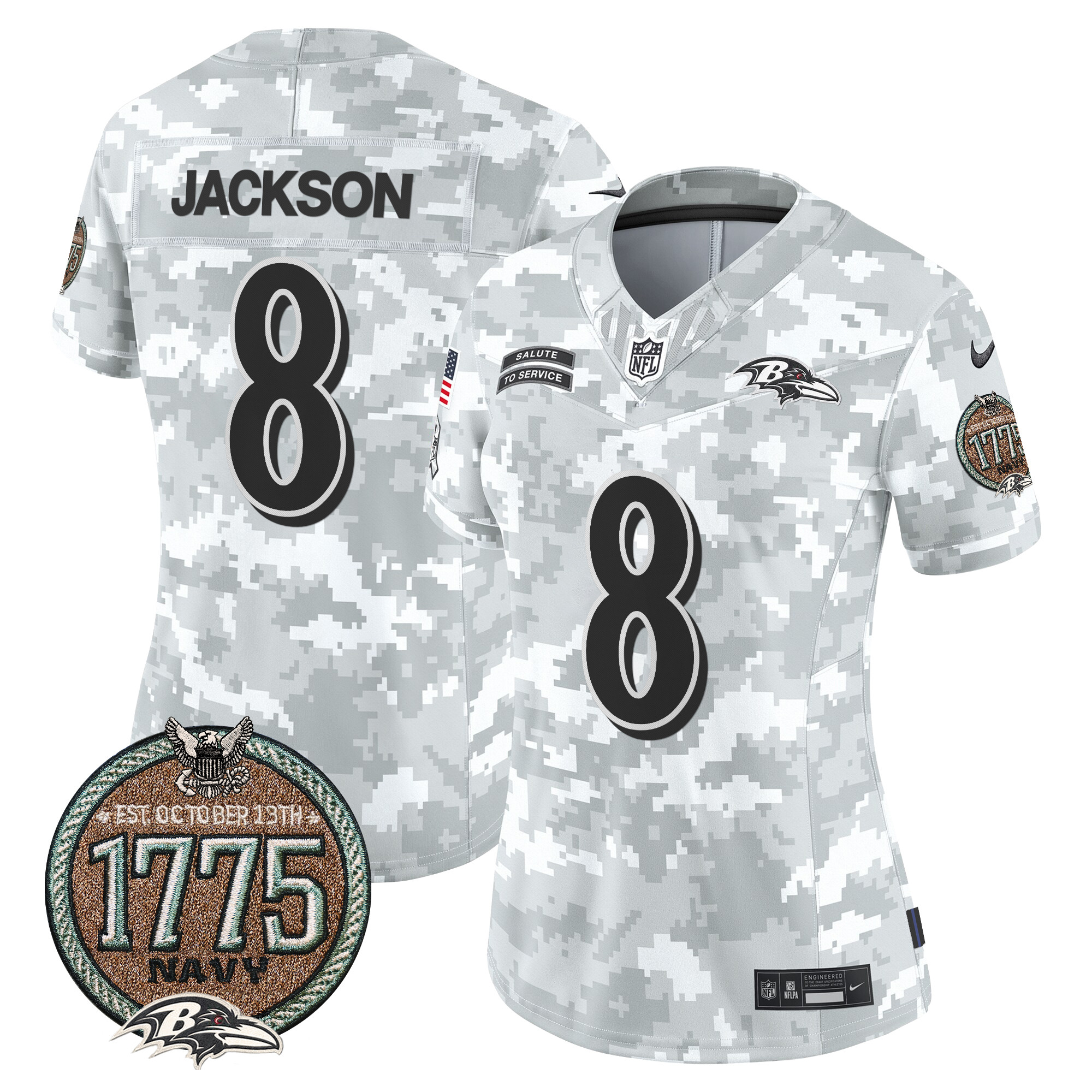 Lamar Jackson Women's Baltimore Ravens 2024 Salute to Service Establishment Year Patch Vapor Limited Navy Jersey - All Stitched