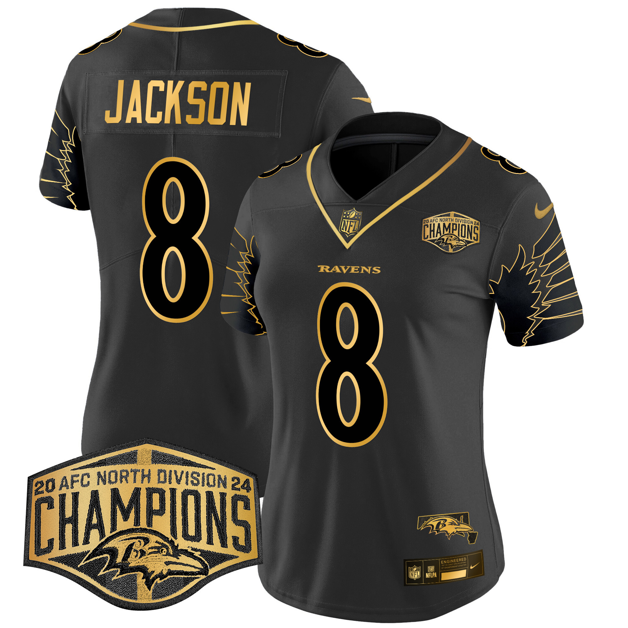 Lamar Jackson Women's Baltimore Ravens Maryland 2024 AFC North Division Champions Patch Gold Vapor Limited Black Gold Jersey - All Stitched