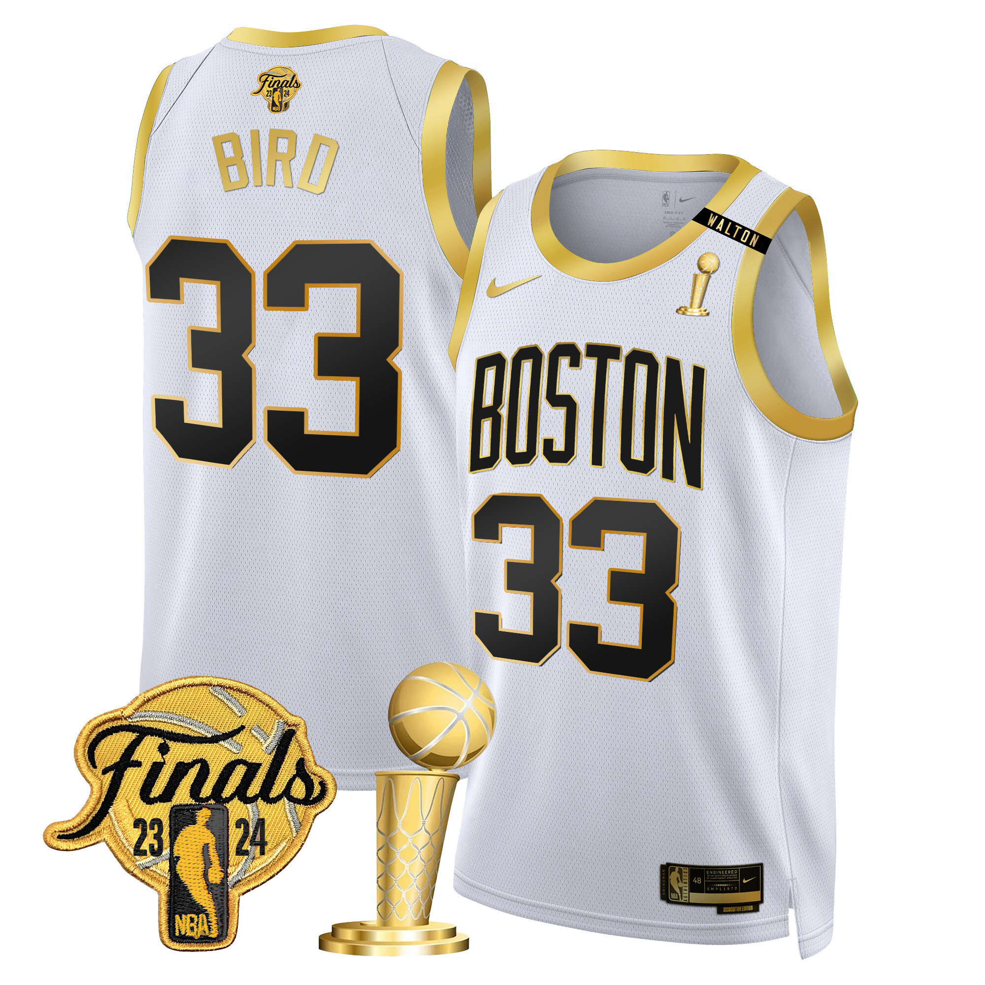 Larry Bird Men's Boston Celtics 2024 Final & Champions Patch Swingman White Gold Jersey V2 - All Stitched