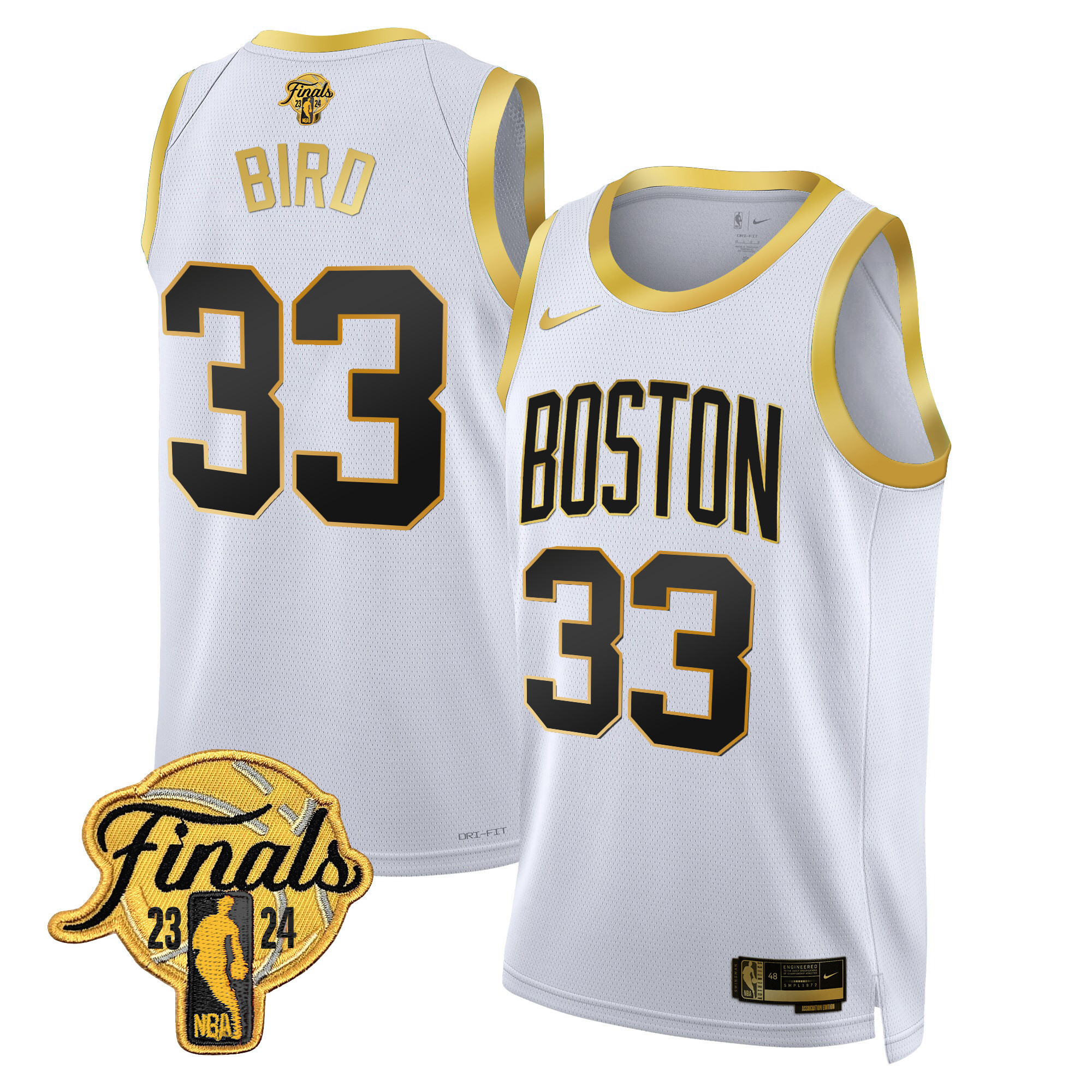 Larry Bird Men's Boston Celtics 2024 Finals Patch Swingman White Gold Jersey V2 - All Stitched