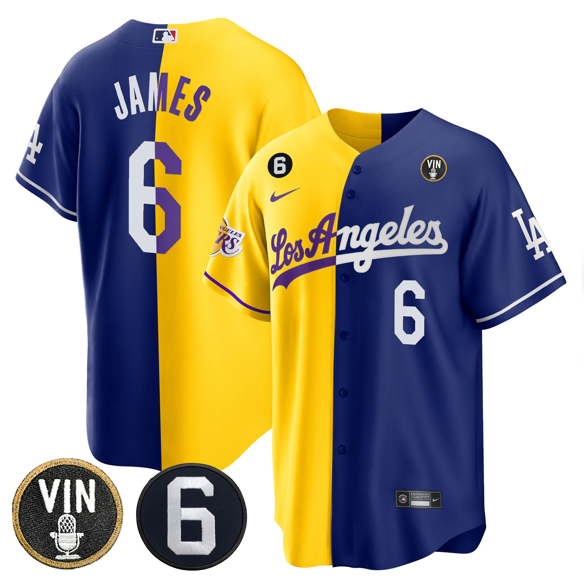 LeBron James Men's Split Dodgers - Los Angeles Lakers Cool Base Gold Royal Jersey - All Stitched