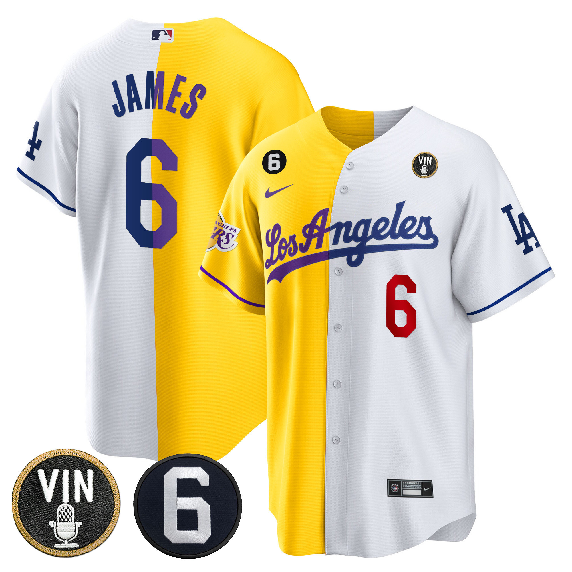 LeBron James Men's Split Dodgers - Los Angeles Lakers Cool Base Gold White Jersey - All Stitched