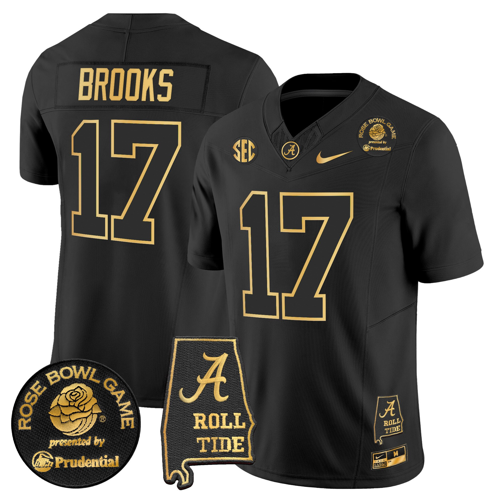Lotzeir Brooks Men's Alabama Crimson Tide 2025 Rose Bowl Gold Vapor Limited Black Gold Jersey - Alabama Map - All Stitched