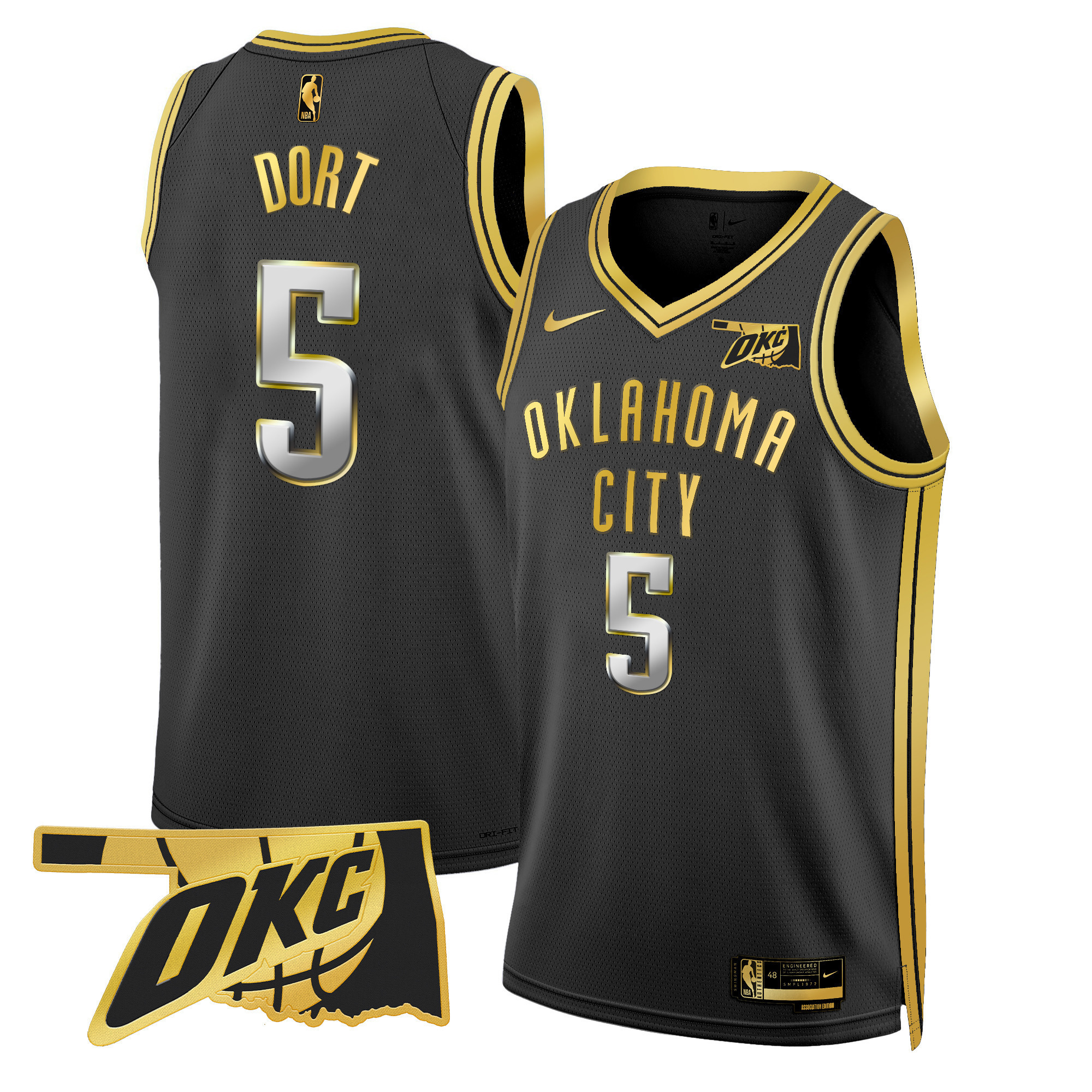 Luguentz Dort Men's Oklahoma City Thunder Swingman Black Gold Jersey - Oklahoma Patch - All Stitched
