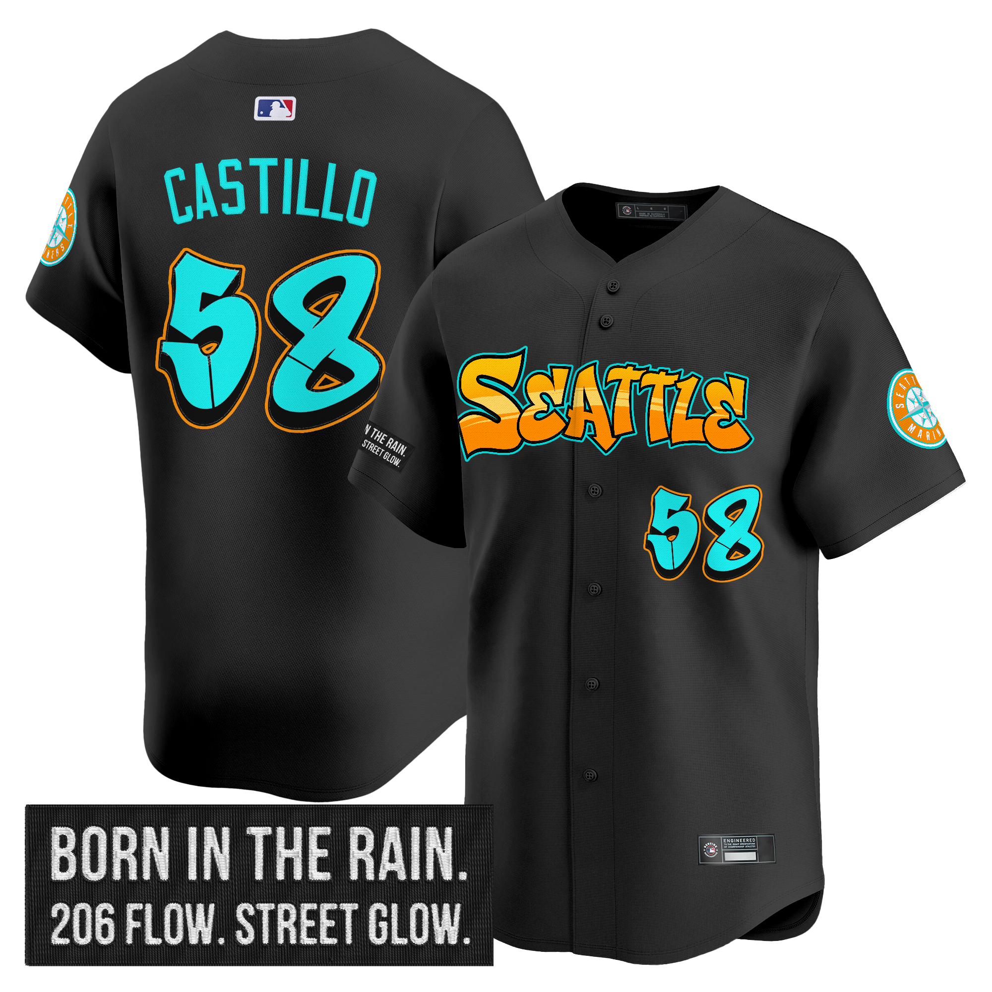 Luis Castillo Men's Seattle Mariners 'Graffiti Emerald Drop Edition Vapor Premier Limited Black Jersey - All Stitched