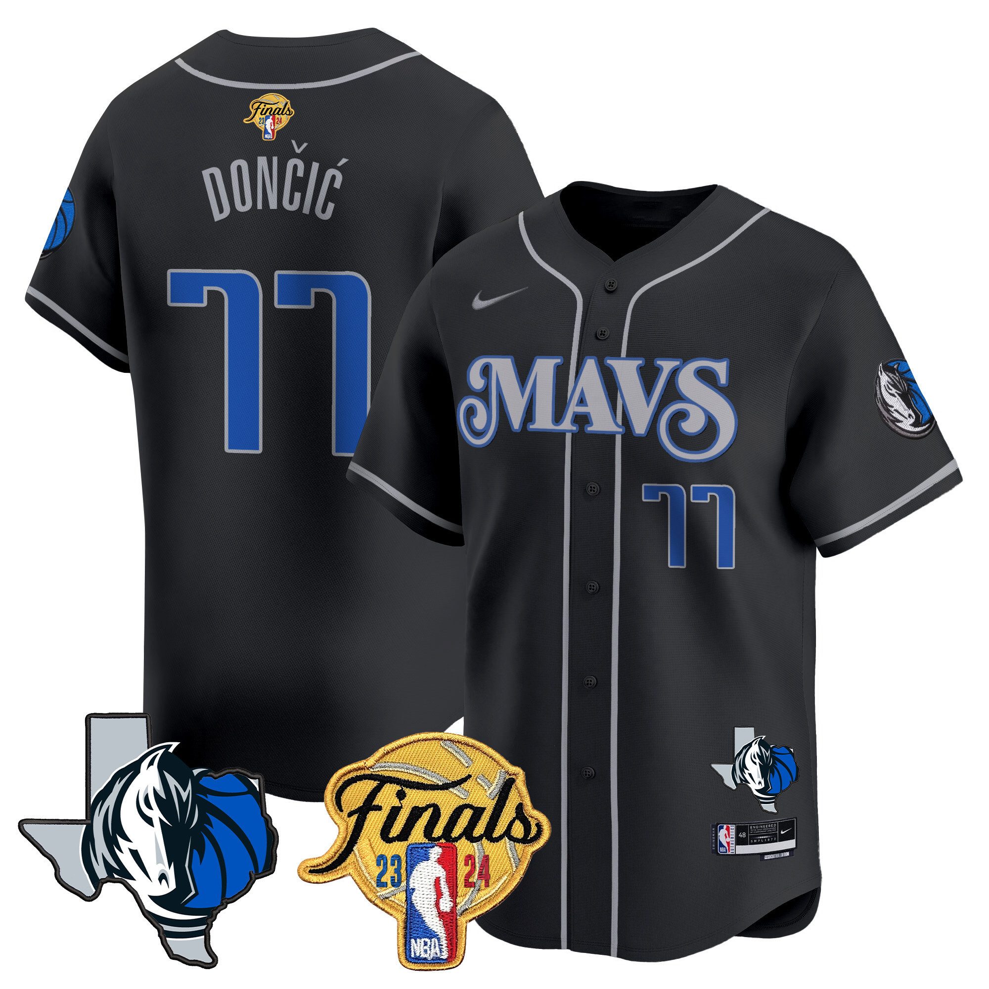 Luka Doncic Men's Dallas Mavericks 2024 Finals & Texas Patch Baseball Black Jersey - All Stitched