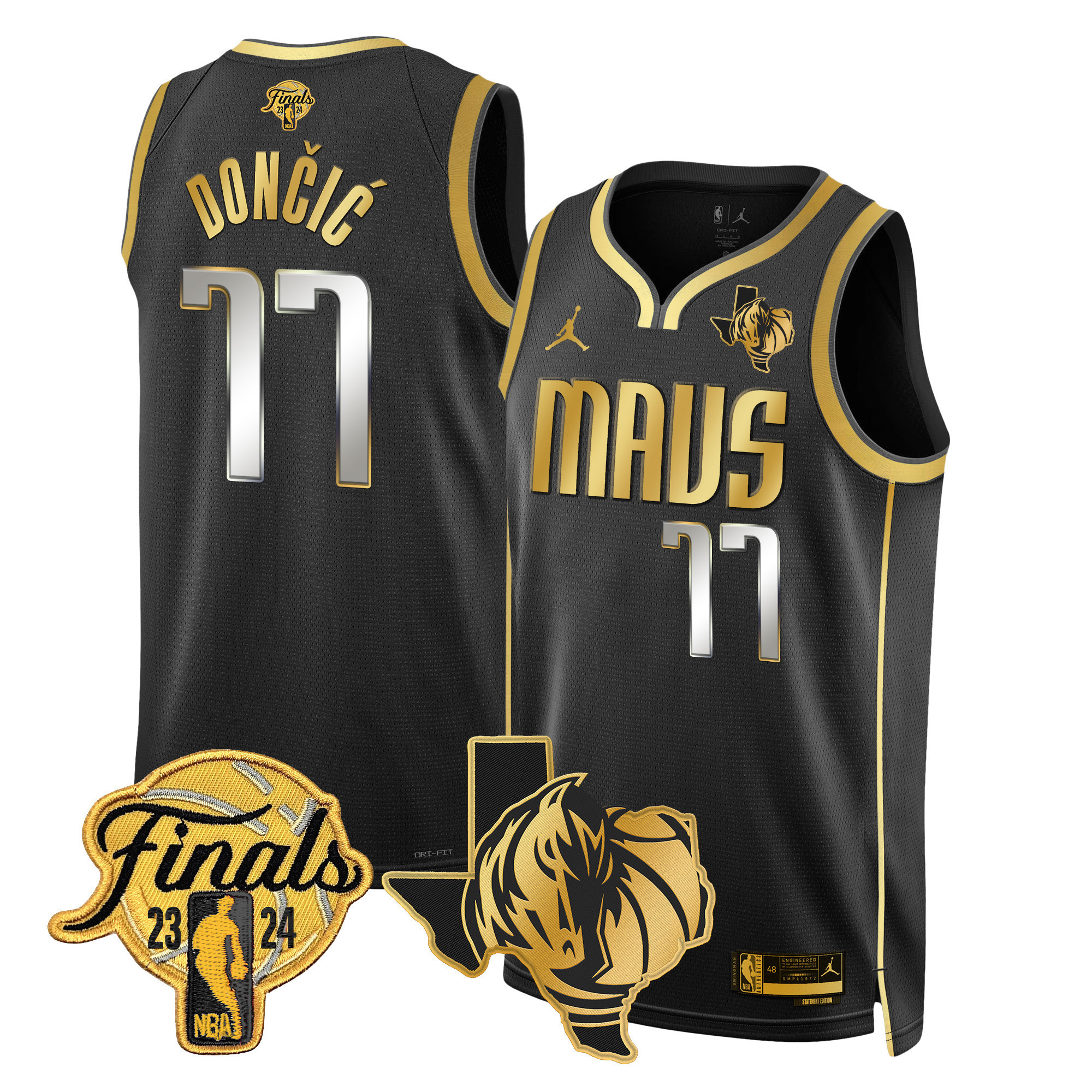 Luka Doncic Men's Dallas Mavericks 2024 Finals & Texas Patch Swingman Black Gold Jersey - All Stitched