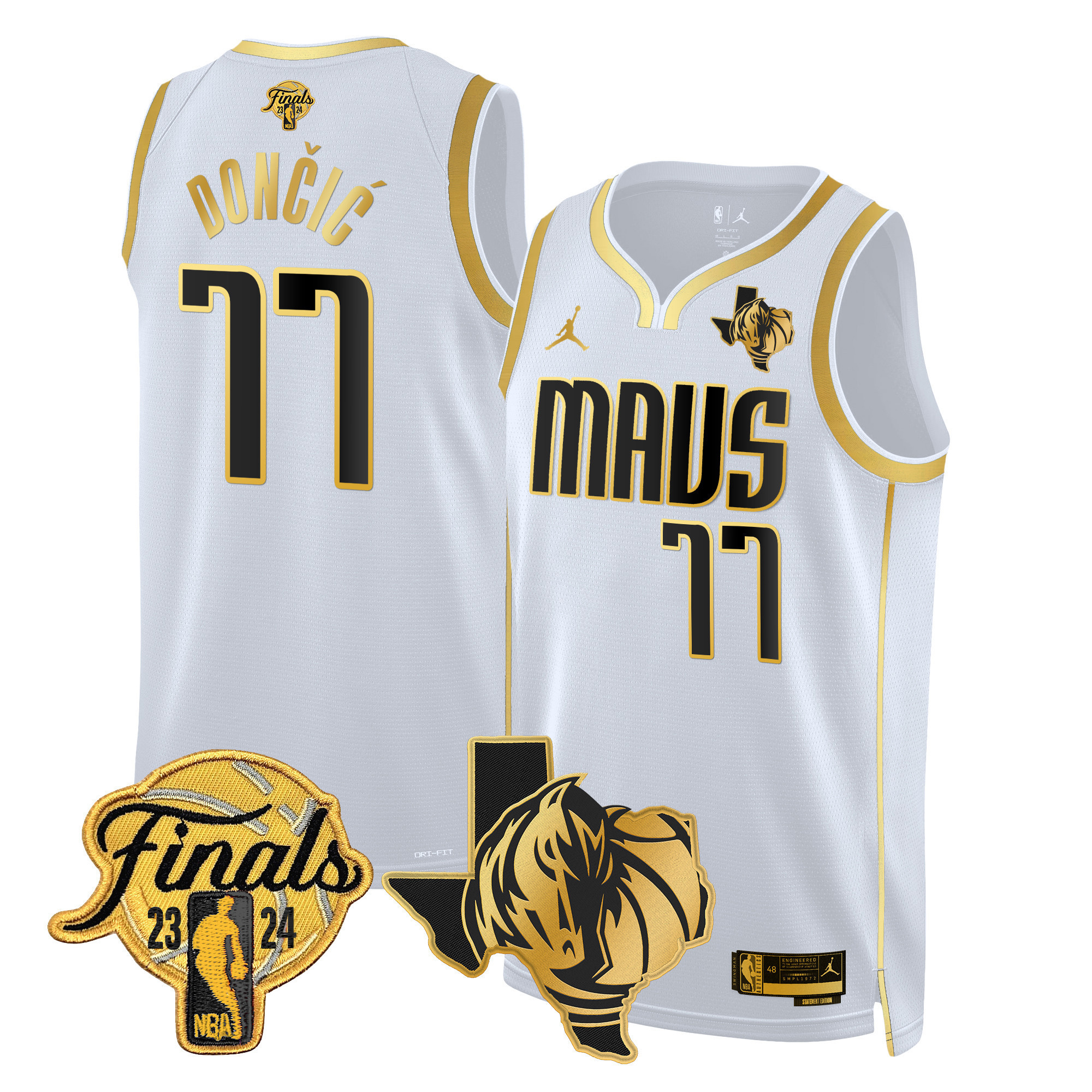 Luka Doncic Men's Dallas Mavericks 2024 Finals & Texas Patch Swingman White Gold Jersey - All Stitched