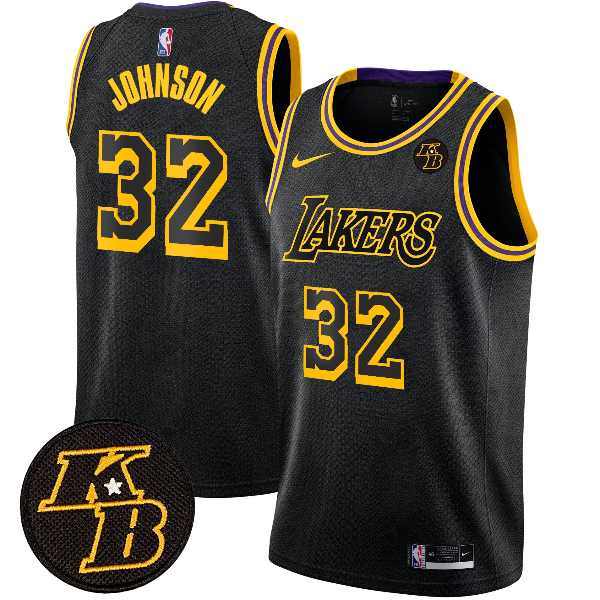 Magic Johnson Men's Los Angeles Lakers Kobe Bryant Patch Swingman Black Mamba Jersey - All Stitched