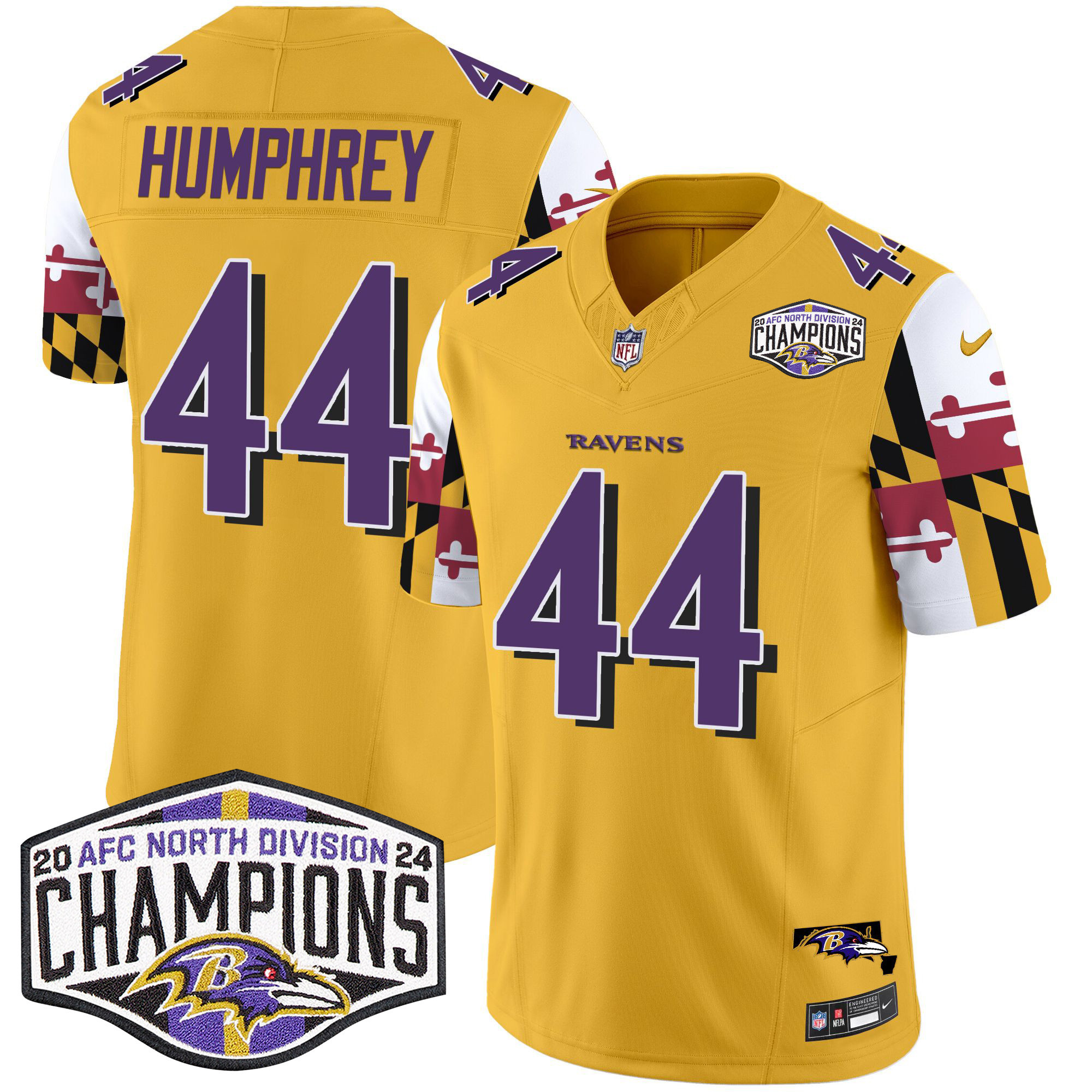 Marlon Humphrey Men's Baltimore Ravens Maryland Flag 2024 AFC North Division Champions Patch Vapor Limited Gold Jersey - All Stitched