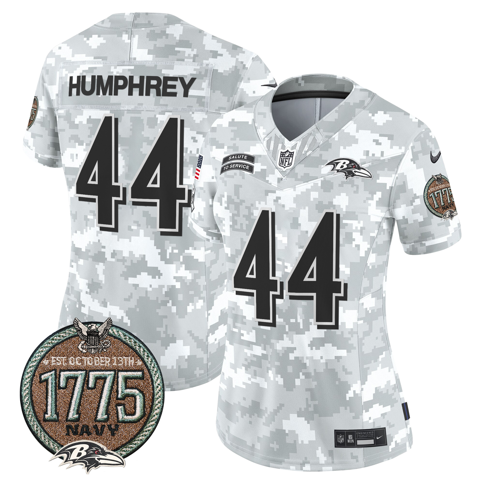 Marlon Humphrey Women's Baltimore Ravens 2024 Salute to Service Establishment Year Patch Vapor Limited Navy Jersey - All Stitched