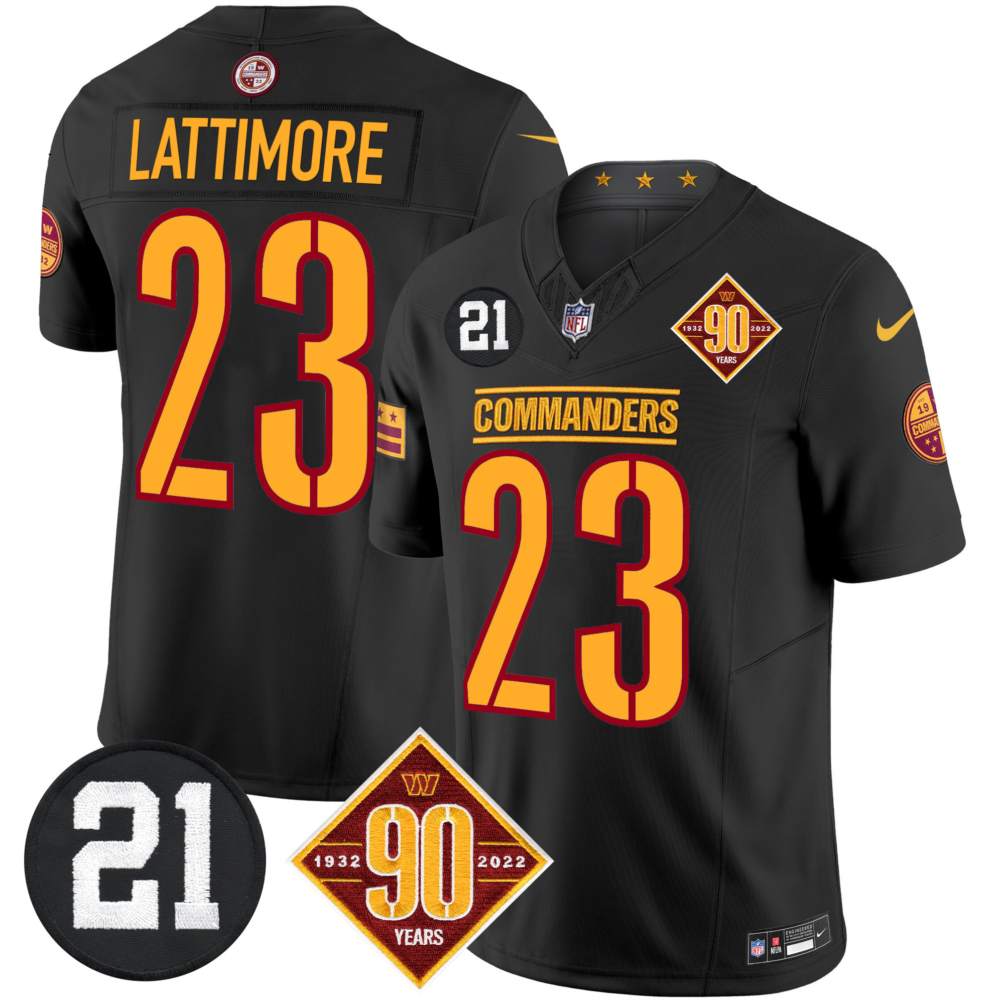 Marshon Lattimore Men's Washington Commanders 90th & Sean Taylor Patch Vapor Limited Black Jersey - All Stitched