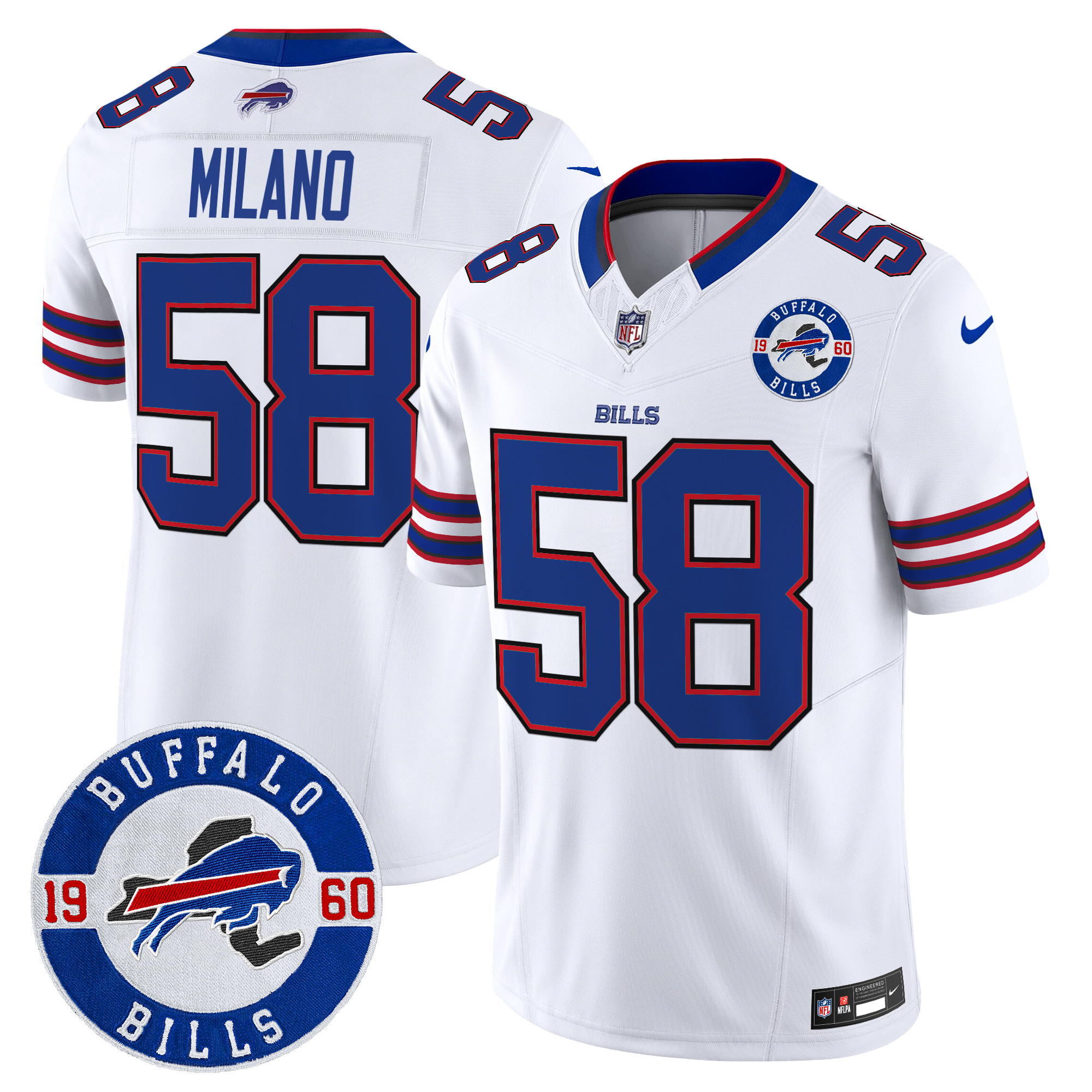 Matt Milano Men's Buffalo Bills 2024 Vapor Limited White Jersey - Est. 1960 Patch - All Stitched