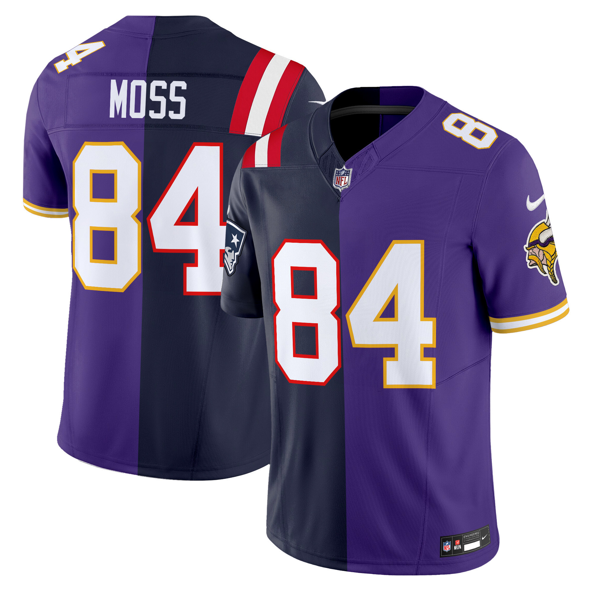 Men's #84 Vikings-Patriots Randy Moss New England Patriots Split Vapor Limited Jersey - All Stitched