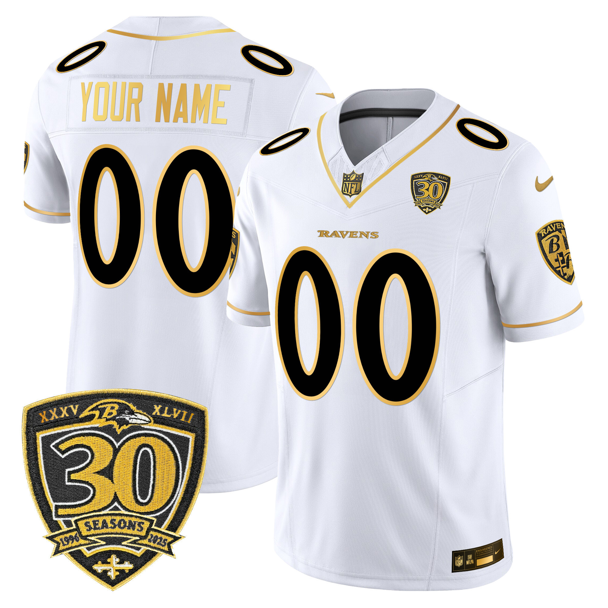 Men's Baltimore Ravens 2025 Gold Vapor Limited Custom White Gold Jersey - 30th Anniversary Patch - All Stitched