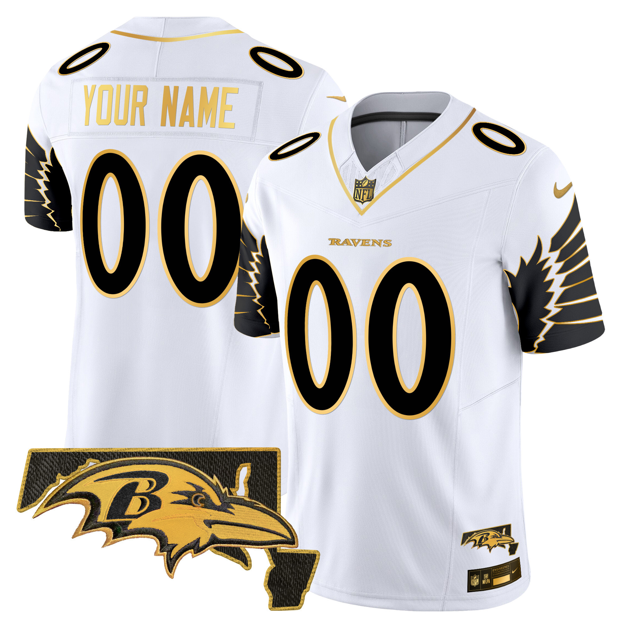 Men's Baltimore Ravens Maryland Patch Gold Vapor Limited Custom White Gold Jersey V2 - All Stitched
