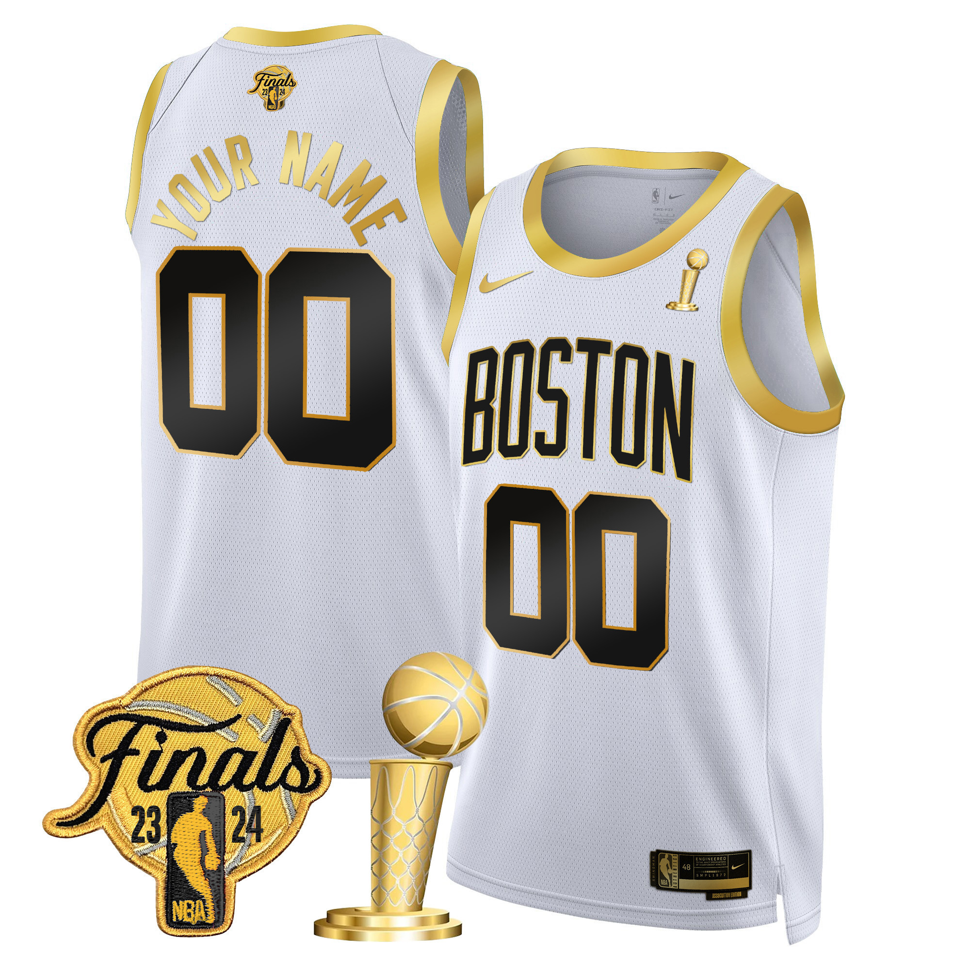 Men's Boston Celtics 2024 Final & Champions Patch Swingman Custom White Gold Jersey - All Stitched