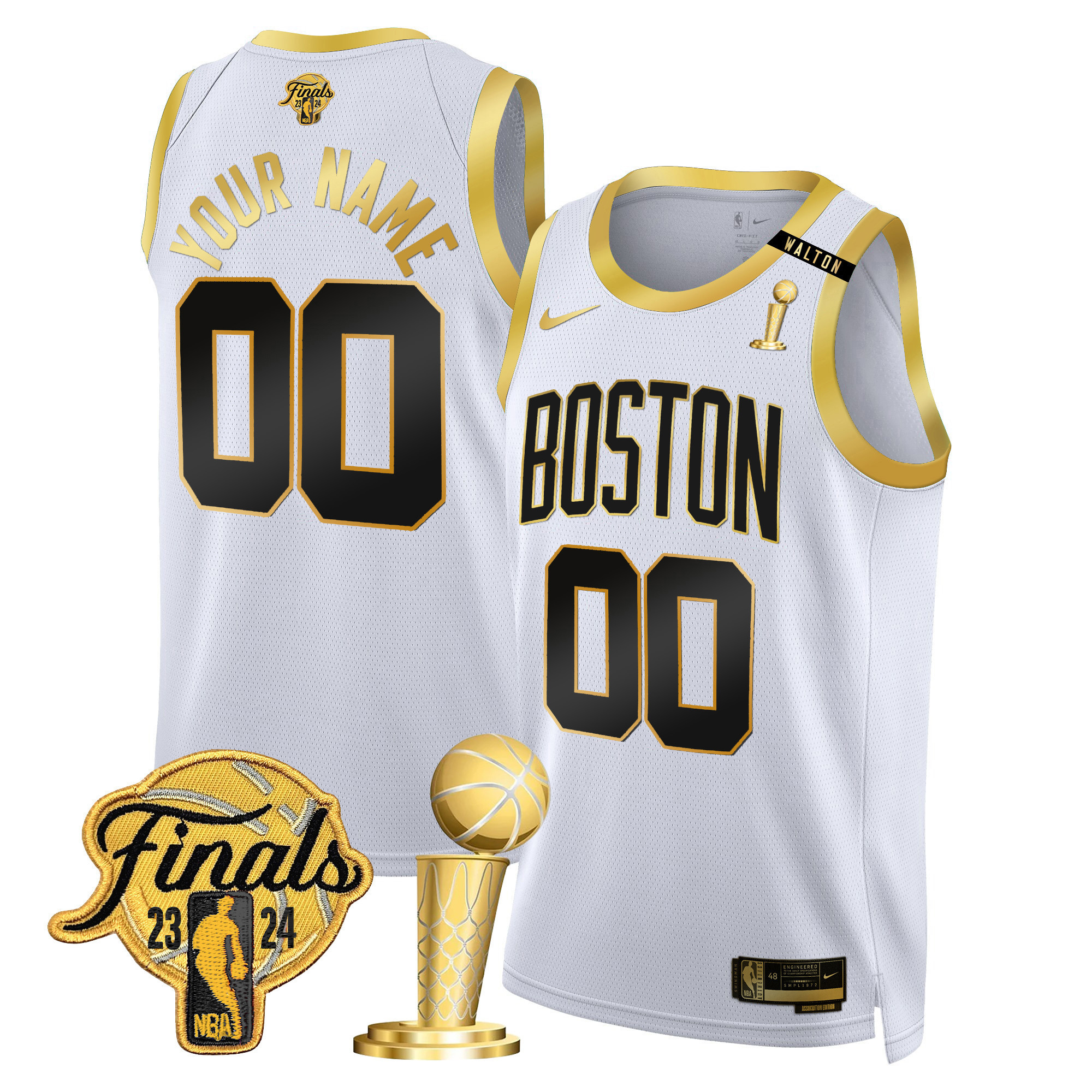 Men's Boston Celtics 2024 Final & Champions Patch Swingman Custom White Gold Jersey V2 - All Stitched