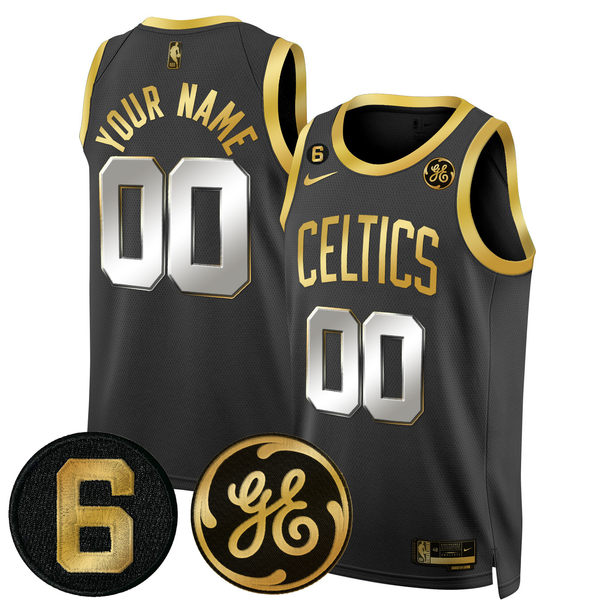 Men's Boston Celtics Bill Russell & John Havlicek Patch Custom Black Gold Jersey - All Stitched