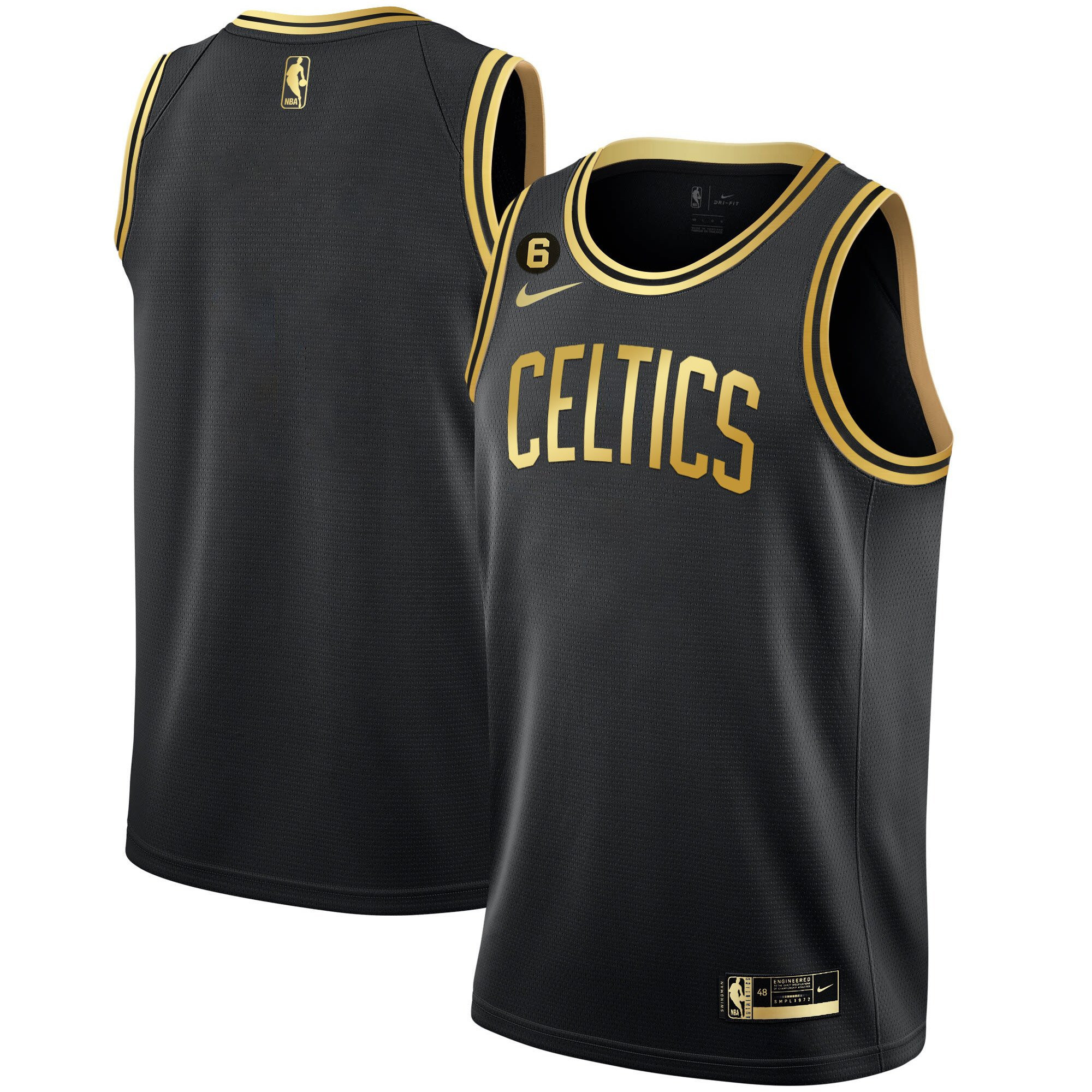 Men's Boston Celtics Bill Russell Patch Collection Black Gold Jersey - All Stitched