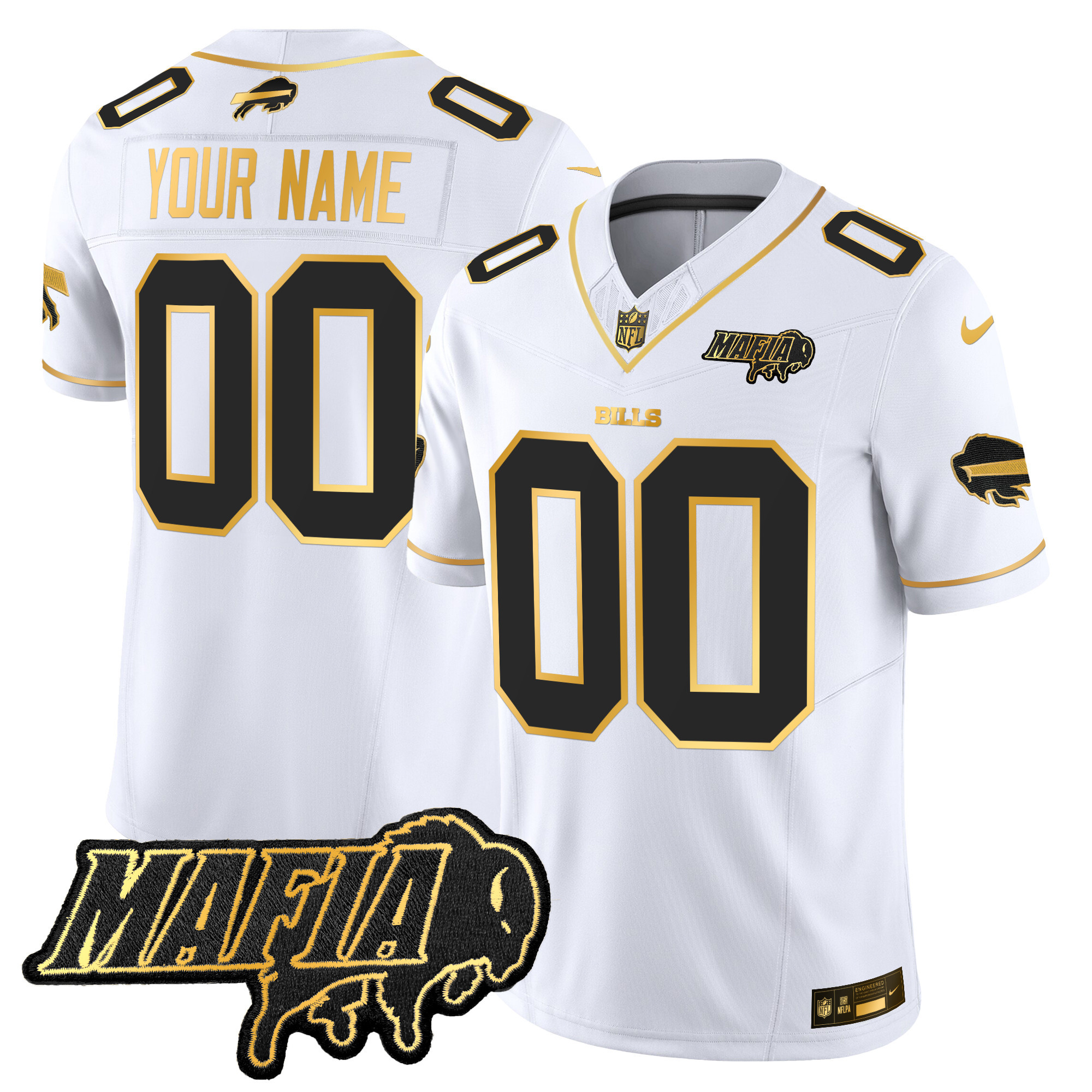 Men's Buffalo Bills 2024 Buffalo Bills Mafia Patch Gold Vapor Limited Custom White Gold Jersey - All Stitched