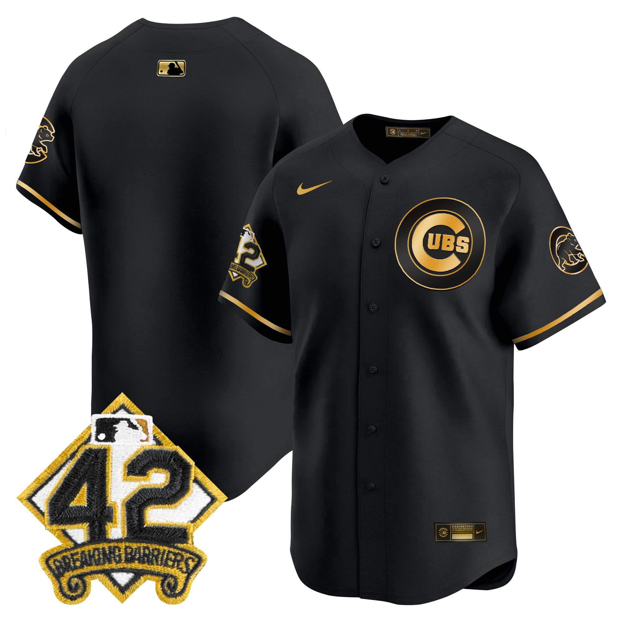 Men's Chicago Cubs 2025 Jackie Robinson Patch Vapor Premier Limited Black Gold Jersey - All Stitched