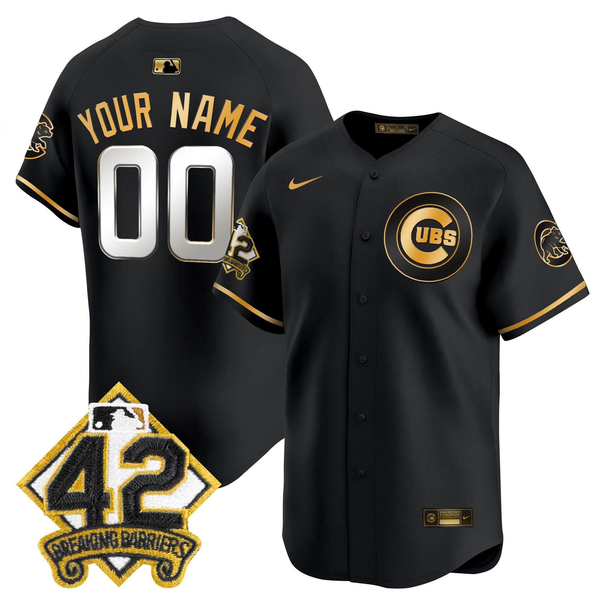 Men's Chicago Cubs 2025 Jackie Robinson Patch Vapor Premier Limited Custom Black Gold Jersey - All Stitched