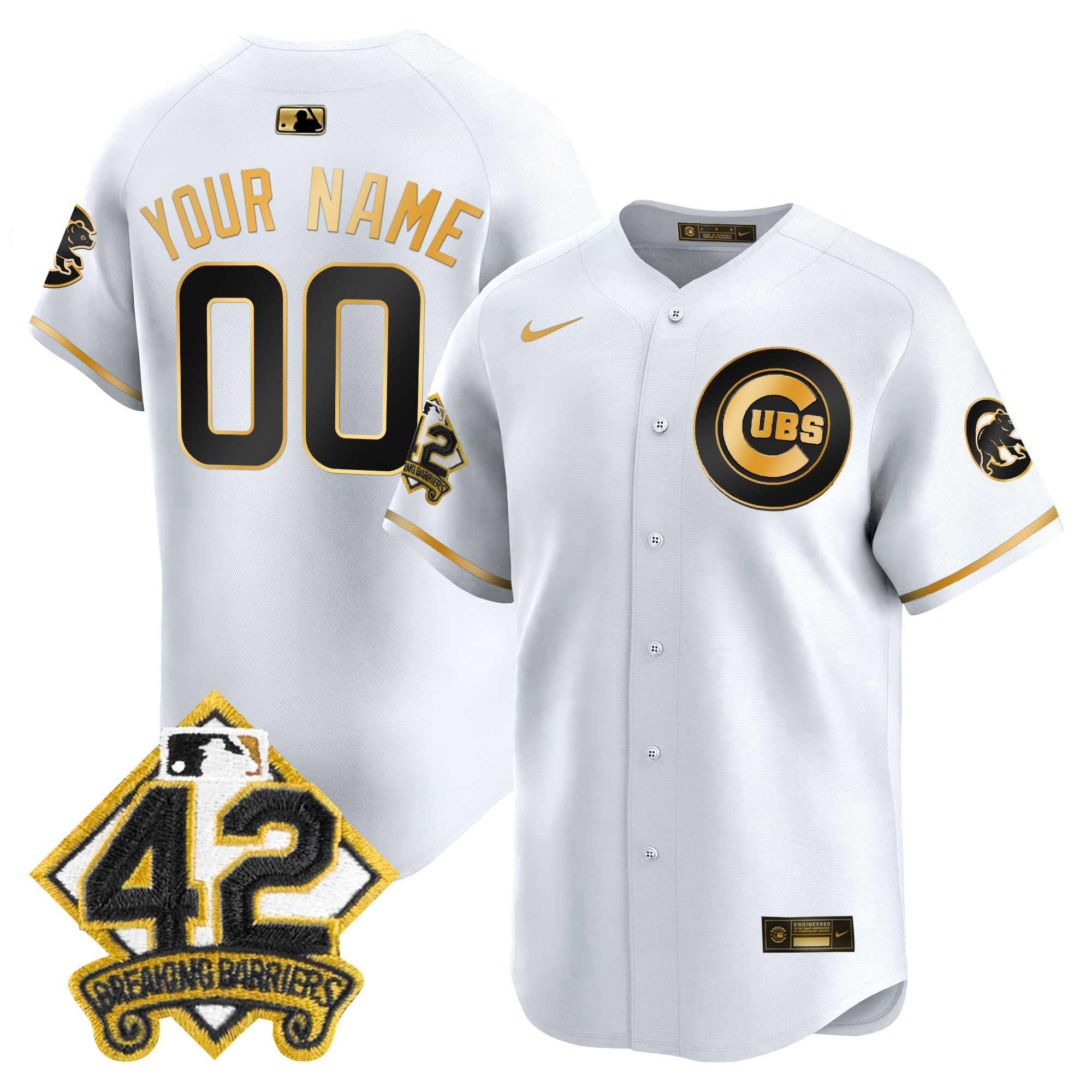 Men's Chicago Cubs 2025 Jackie Robinson Patch Vapor Premier Limited Custom White Gold Jersey - All Stitched