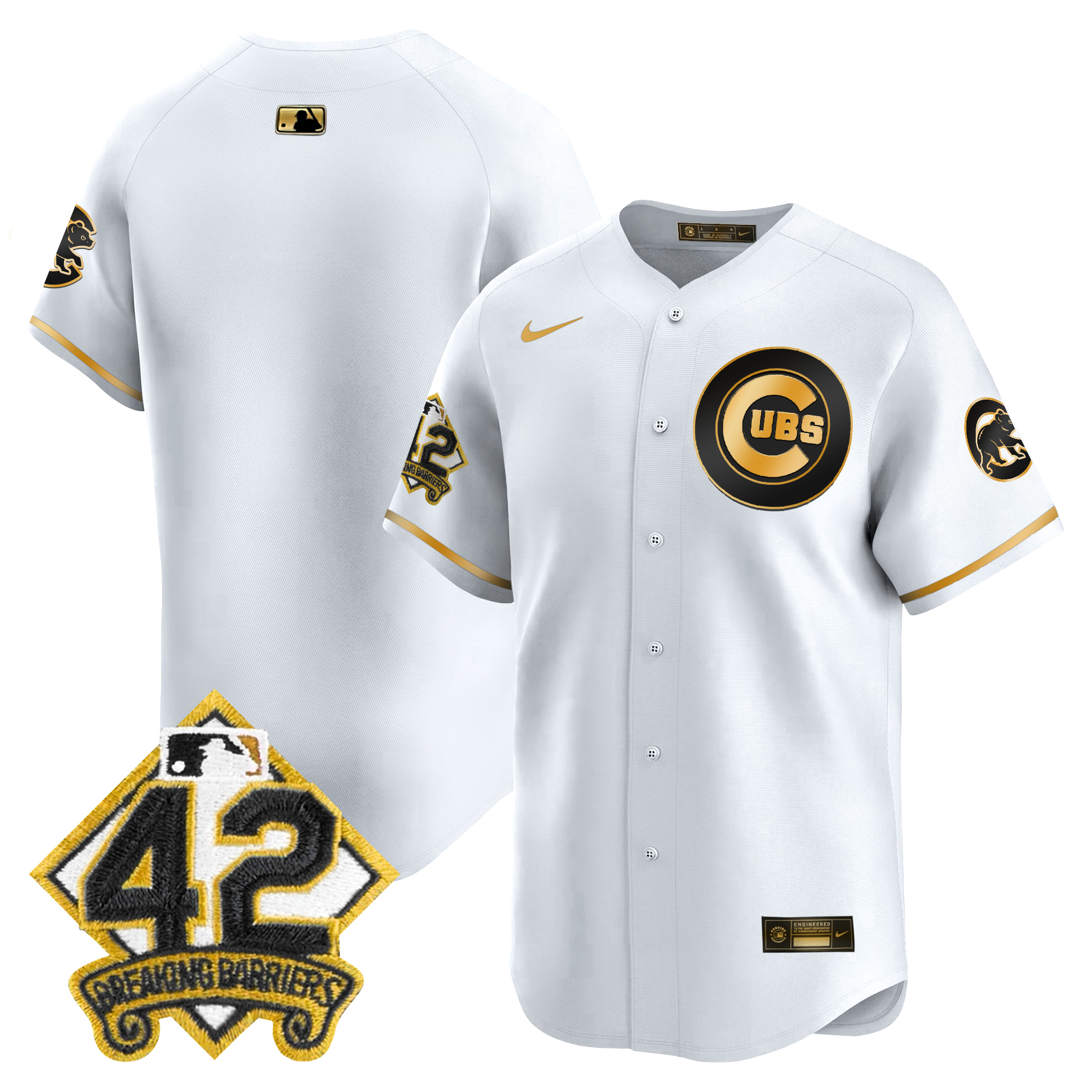 Men's Chicago Cubs 2025 Jackie Robinson Patch Vapor Premier Limited White Gold Jersey - All Stitched