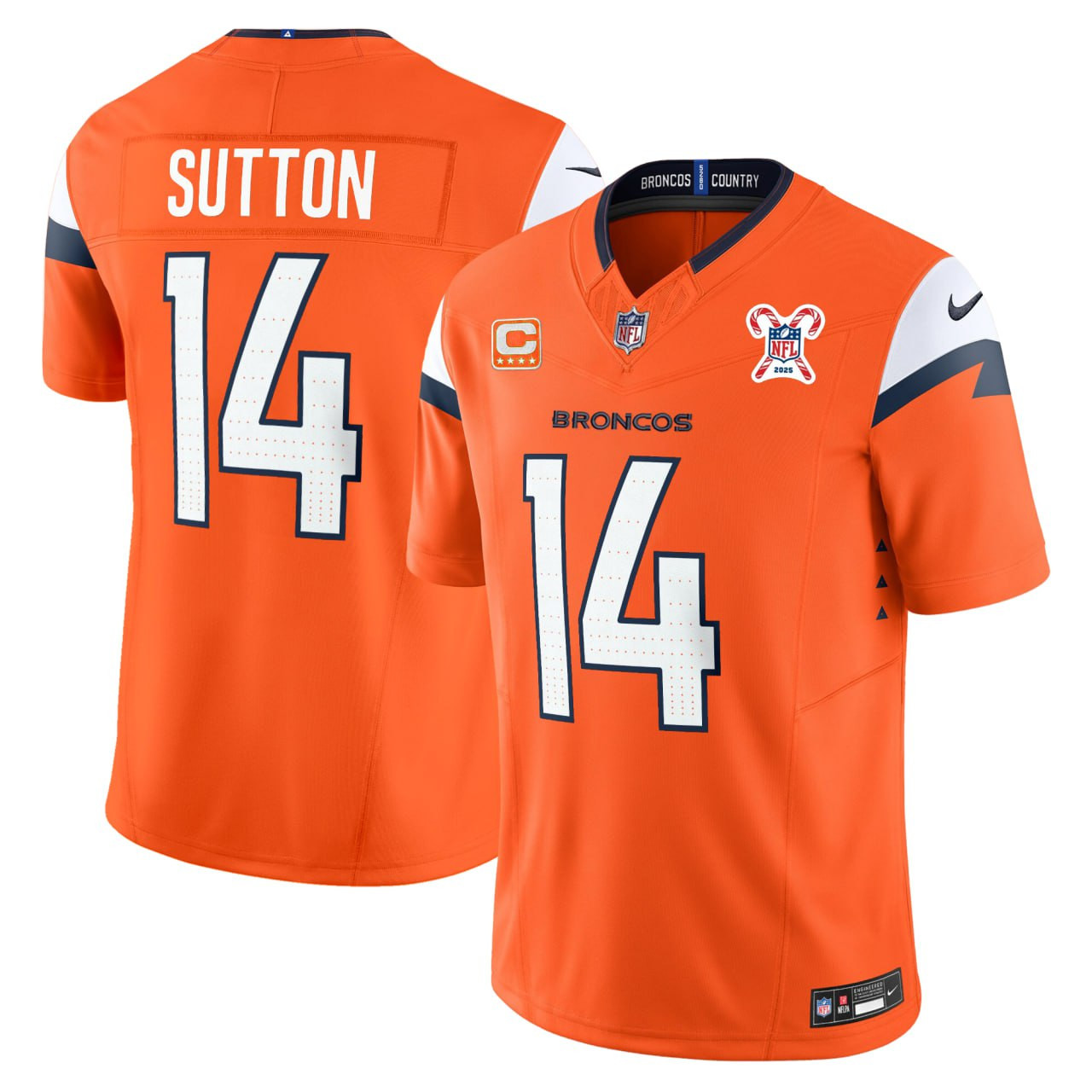 Men's Courtland Sutton Denver Broncos Christmas Candy Canes Patch Limited Orange Jersey - All Stitched