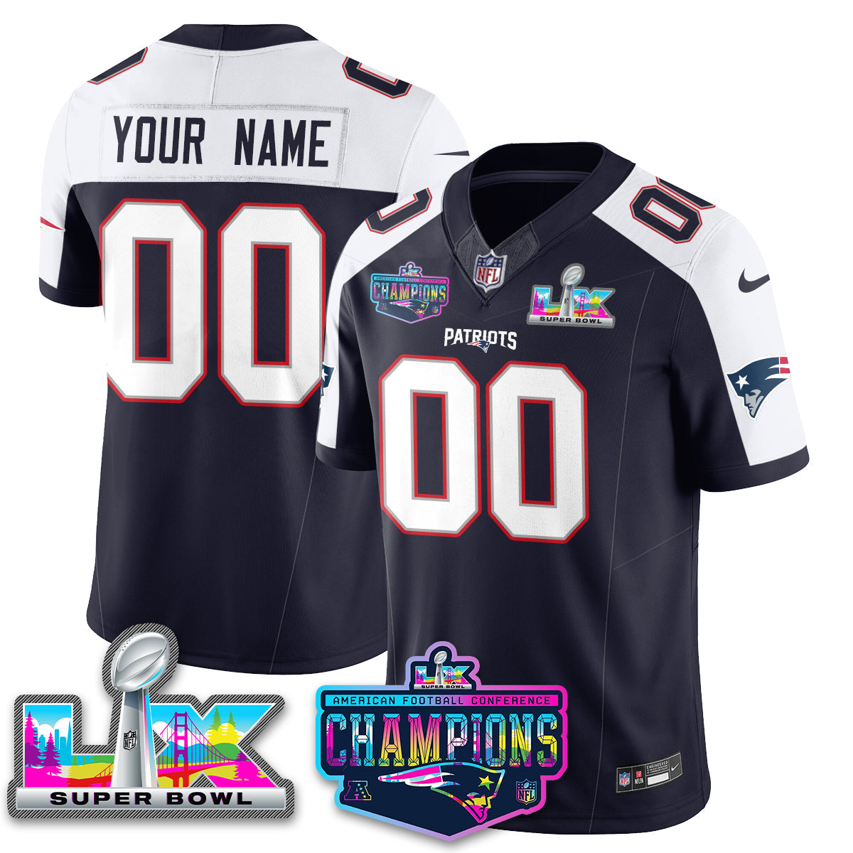 Men's Custom New England Patriots 2025 Vapor Navy Alternate Jersey - AFC Champions Limited Patch - All Stitched