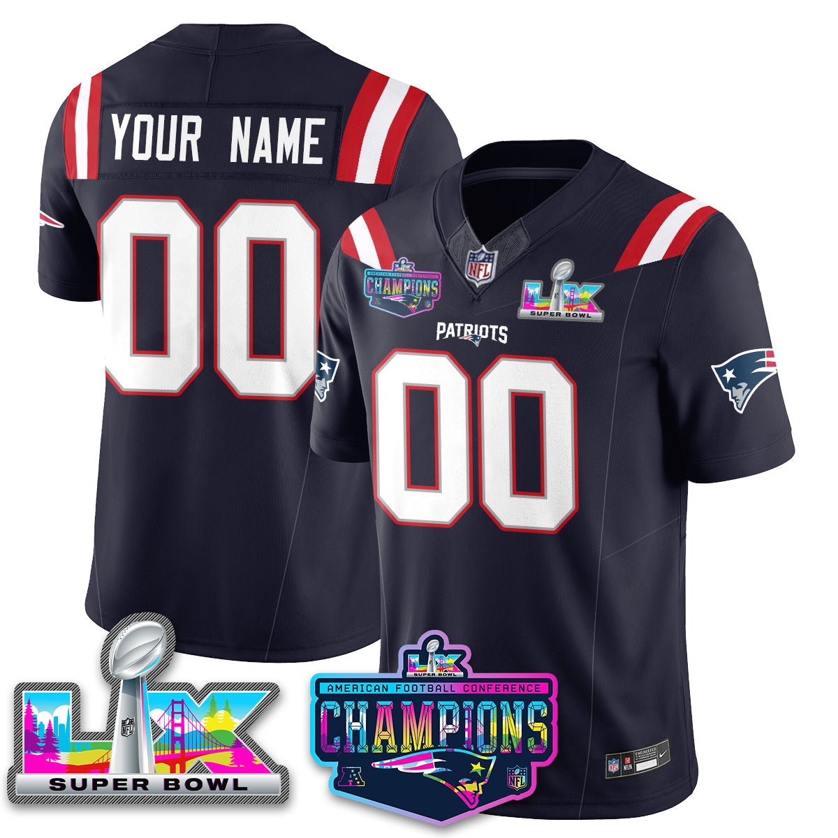 Men's Custom New England Patriots 2025 Vapor Navy Jersey - AFC Champions Limited Patch - All Stitched