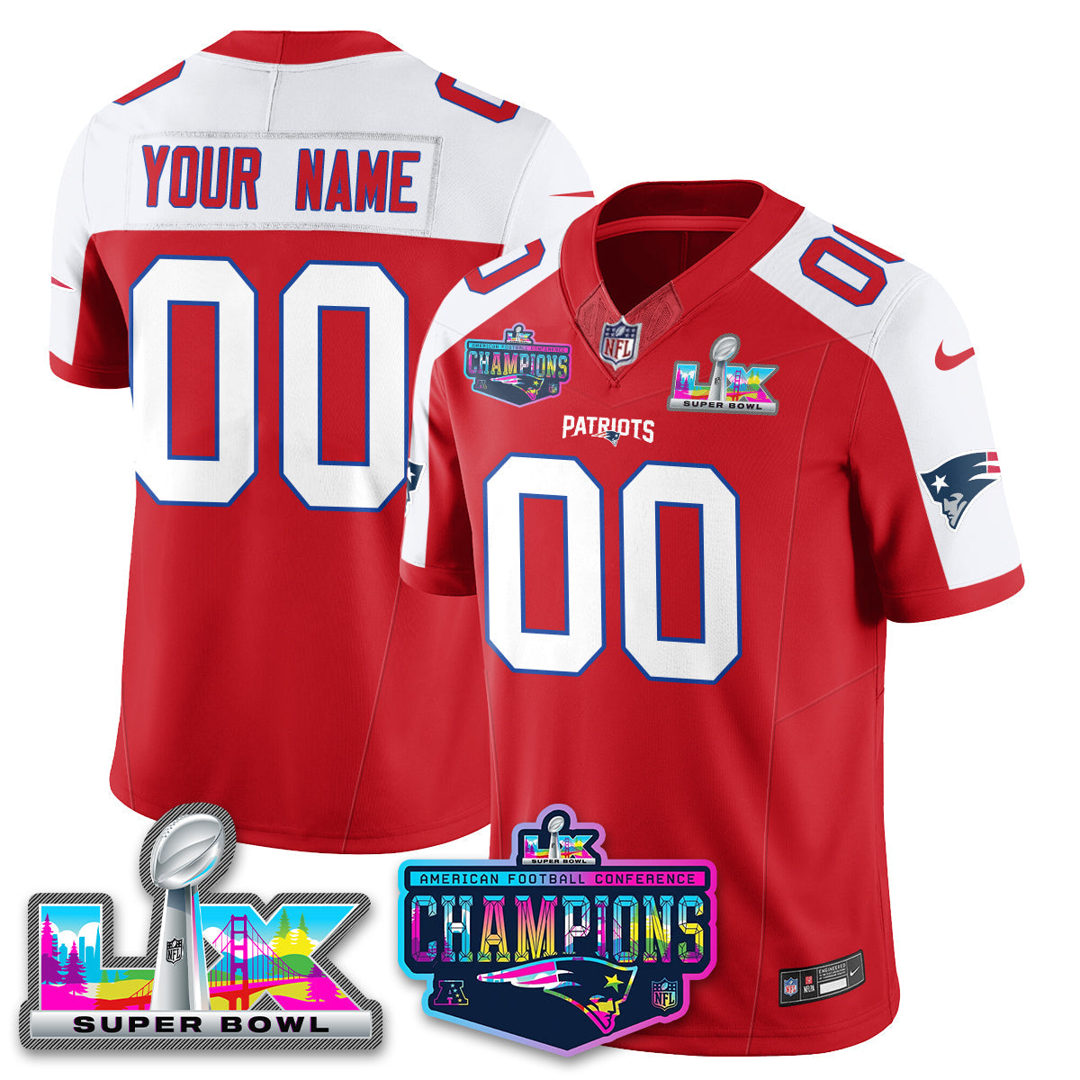 Men's Custom New England Patriots 2025 Vapor Red Alternate Jersey - AFC Champions Limited Patch - All Stitched