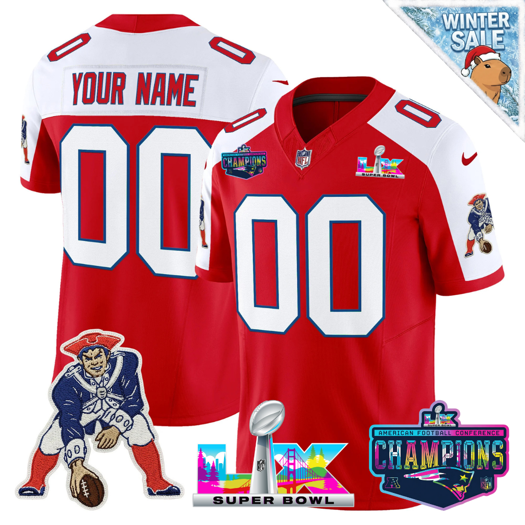Men's Custom New England Patriots 2025 Vapor Red Throwback Alternate Jersey - AFC Champions Limited Patch - All Stitched