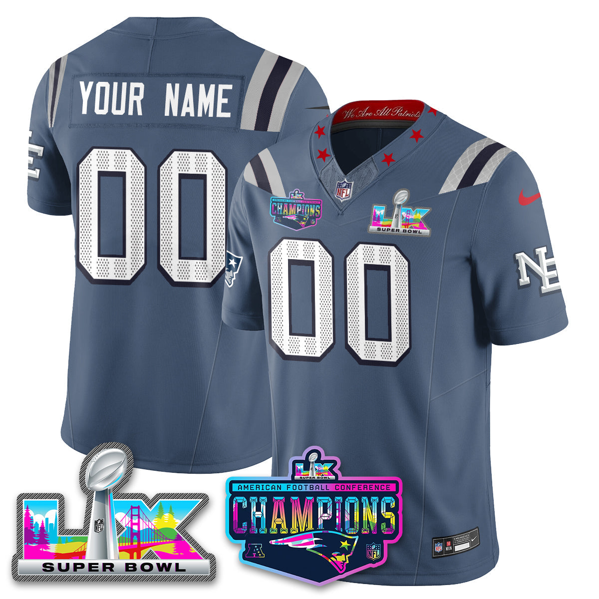 Men's Custom New England Patriots 2025 Vapor Storm Blue Jersey - AFC Champions Limited Patch - All Stitched