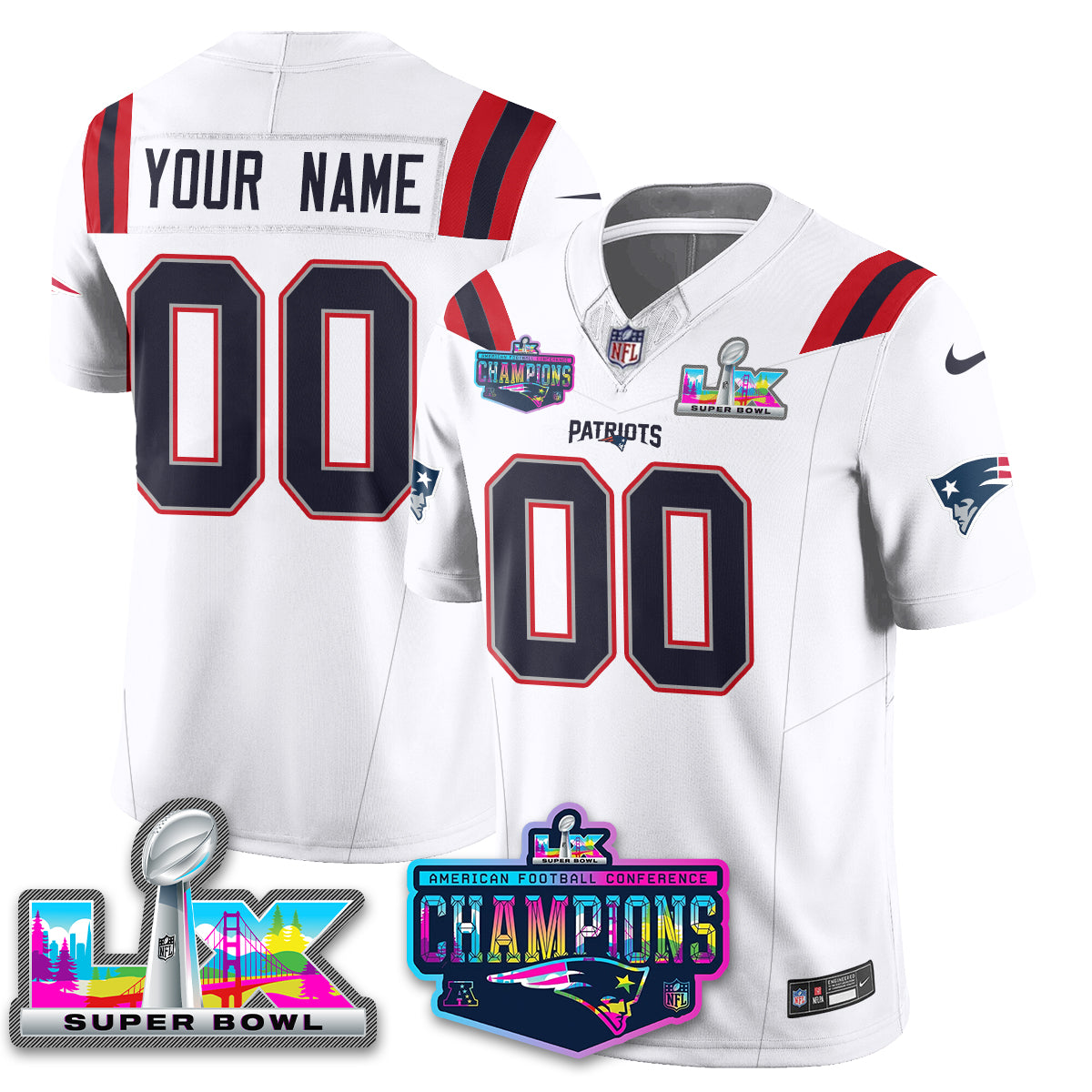 Men's Custom New England Patriots 2025 Vapor White Jersey - AFC Champions Limited Patch - All Stitched
