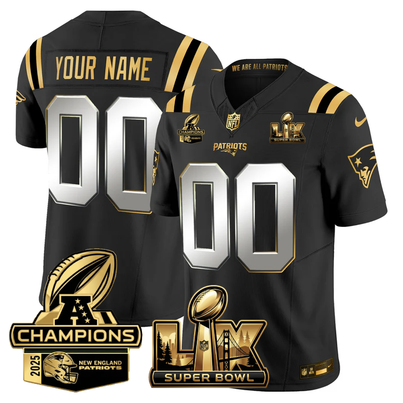 Men's Custom New England Patriots Super Bowl LX - AFC Champions Patch Gold Vapor Limited Black Limited Jersey - All Stitched