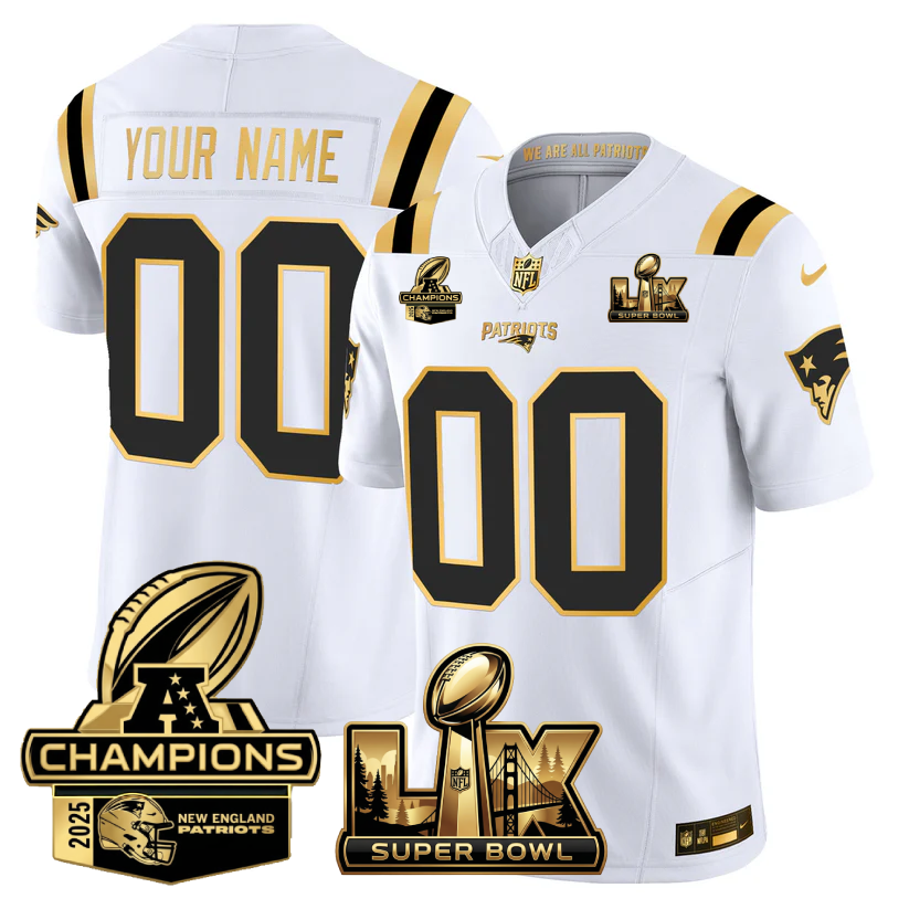 Men's Custom New England Patriots Super Bowl LX - AFC Champions Patch Gold Vapor Limited White Gold Jersey - All Stitched