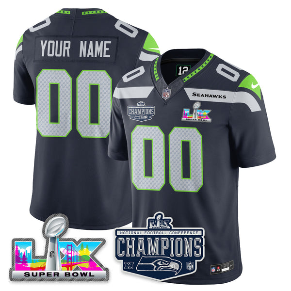 Men's Custom Seattle Seahawks 2025 Vapor Limited Navy Jersey - NFC Champions Limited Patch - All Stitched