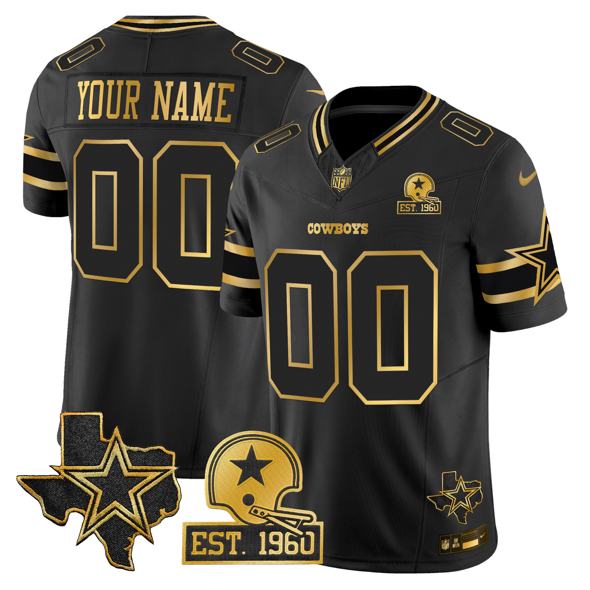 Men's Dallas Cowboys Est. 1960 & Texas Patch Gold Vapor Limited Custom Black Gold Jersey - All Stitched