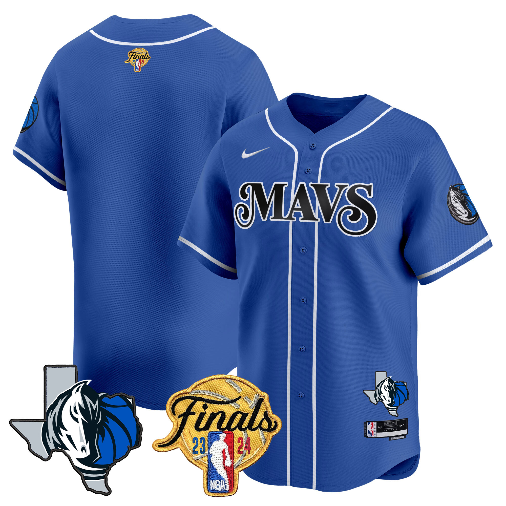 Men's Dallas Mavericks 2024 Finals & Texas Patch Baseball Blue Jersey - All Stitched