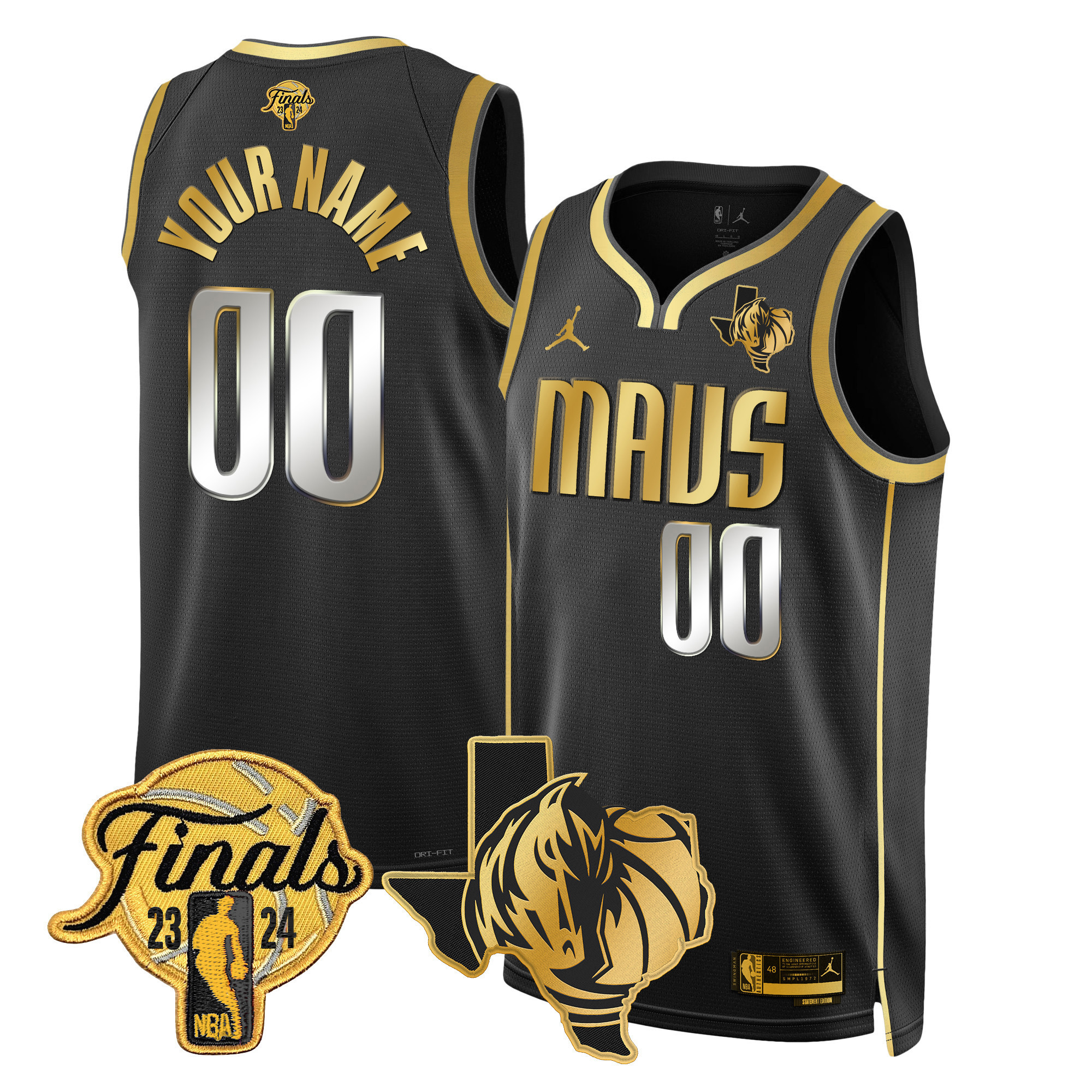 Men's Dallas Mavericks 2024 Finals & Texas Patch Swingman Custom Black Gold Jersey - All Stitched