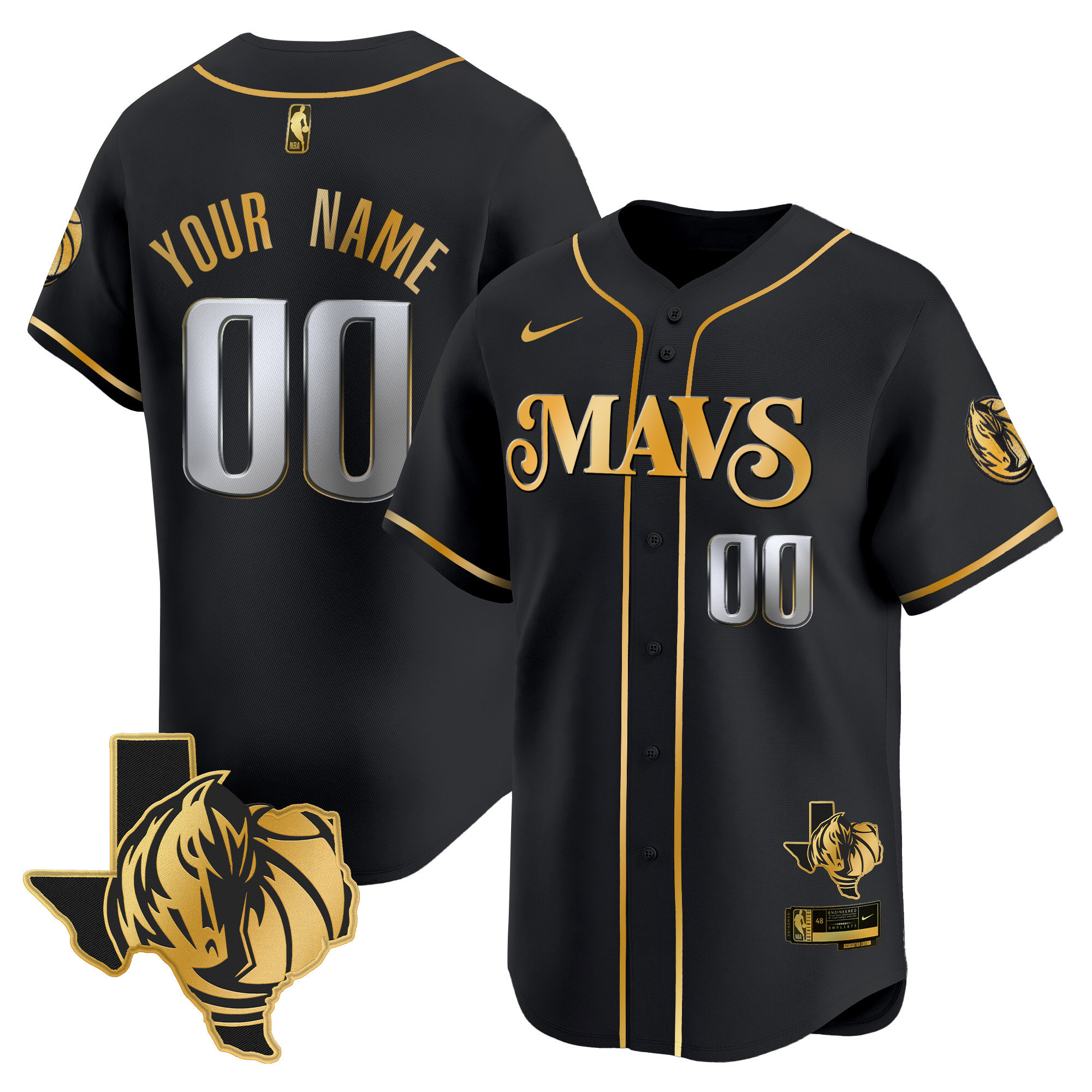 Men's Dallas Mavericks Texas Patch Baseball Custom BLack Gold Jersey - All Stitched