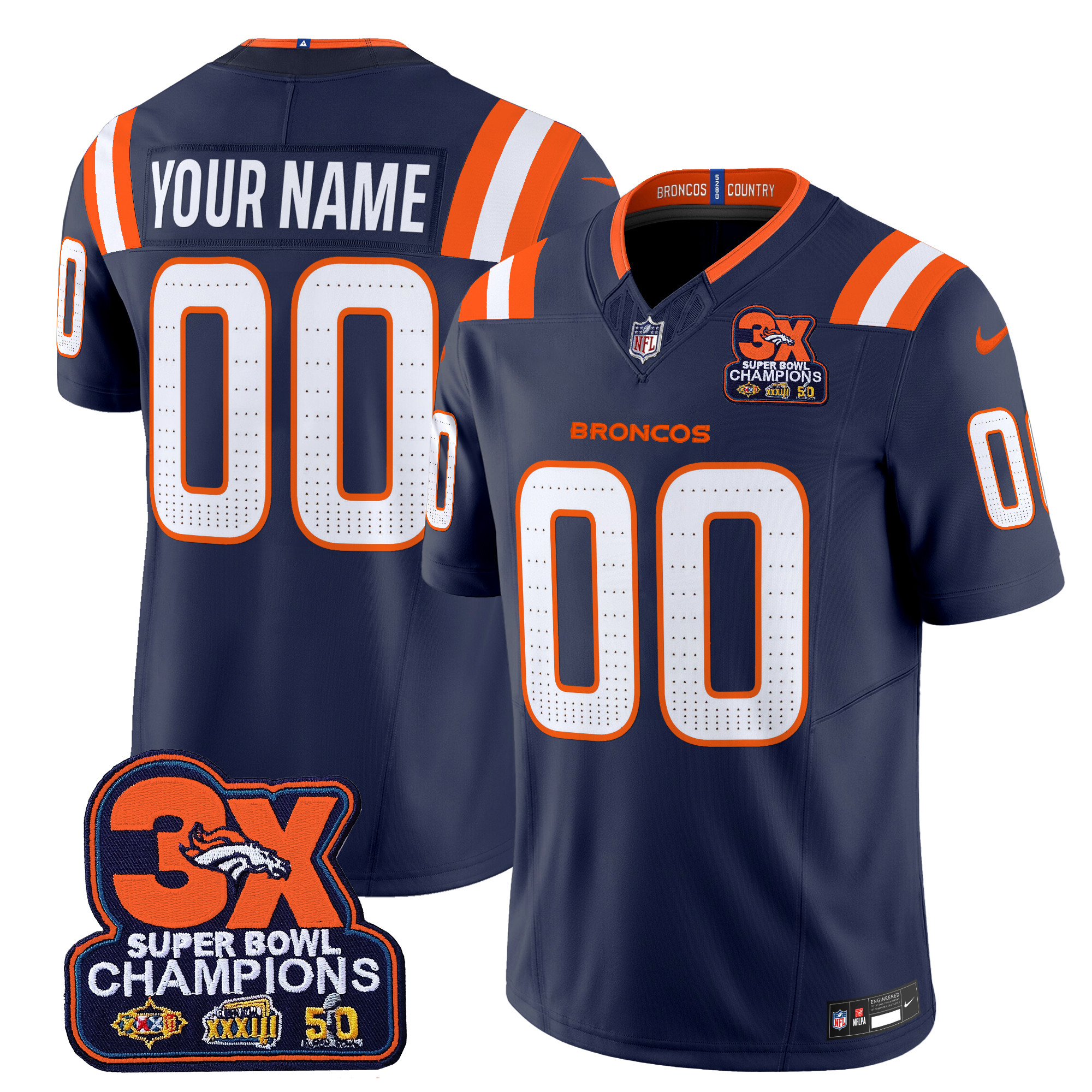 Men's Denver Broncos 3-Time Champions Patch Vapor Limited Custom Navy Jersey V2 - All Stitched
