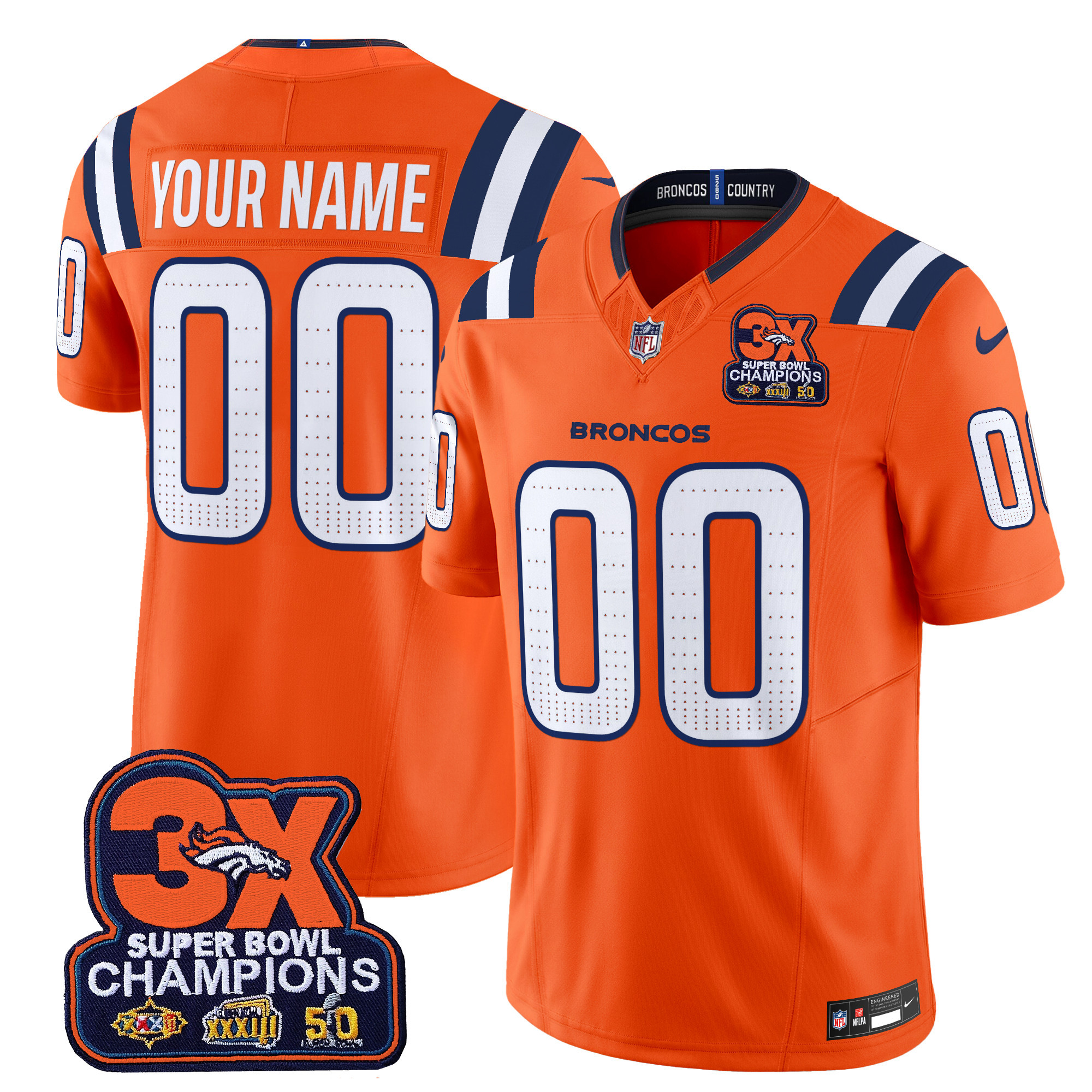 Men's Denver Broncos 3-Time Champions Patch Vapor Limited Custom Orange Jersey V2 - All Stitched